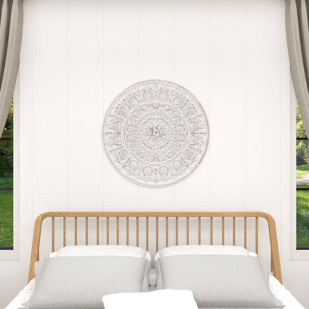 36 In. X 36 In. Wood White Handmade Intricately Carved Floral Wall Decor with Ma