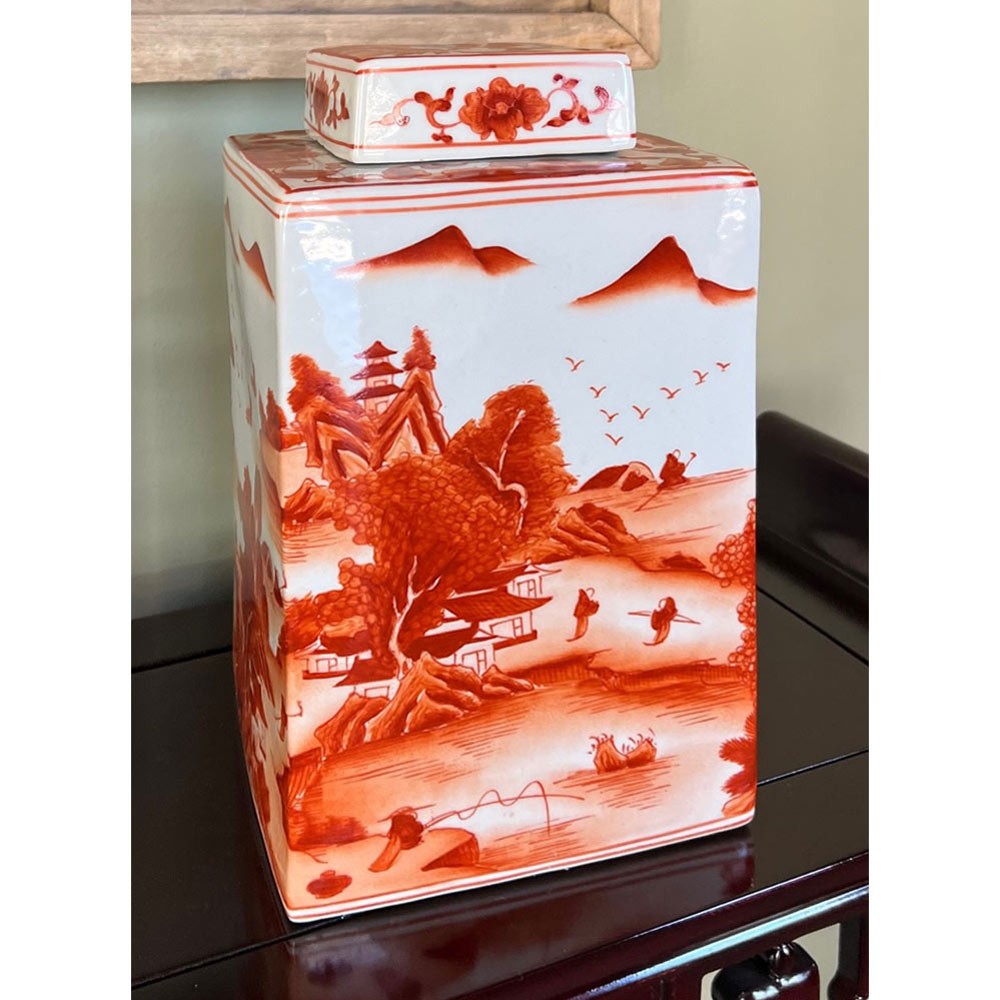 US Seller – Red Orange Porcelain Scenery Chinese Tea Jar