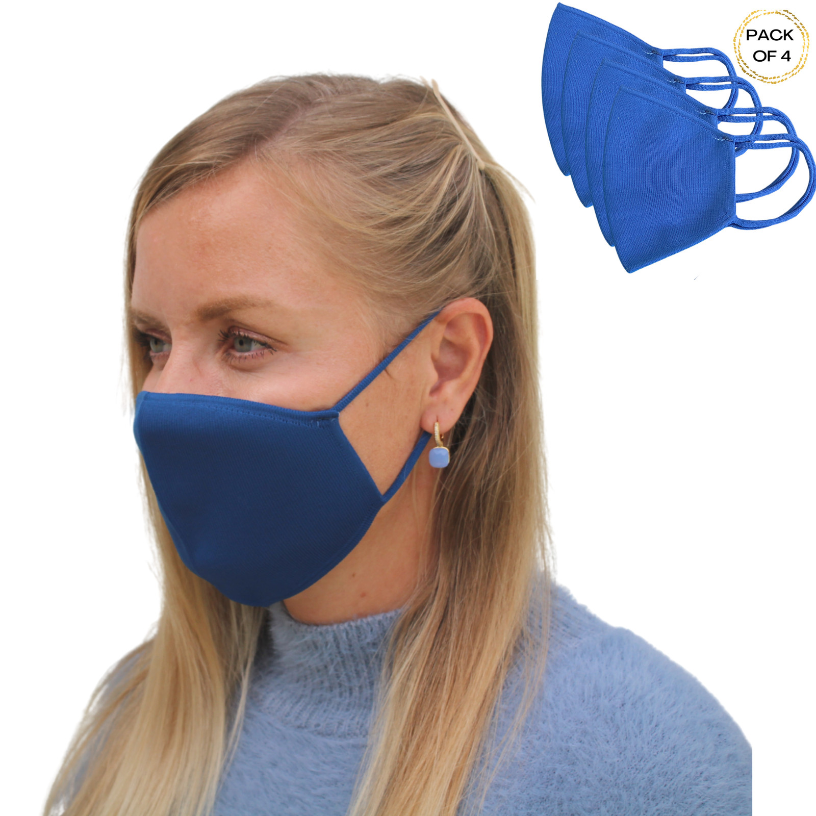 Pack of 4 solid knitted Face Mask two layers reusable washable bandanas Blue