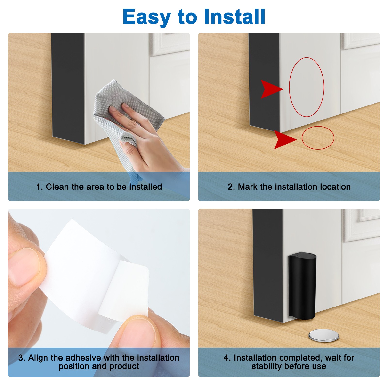 4 Pcs Magnetic Door Stopper Black Stainless Steel No Drilling Door Catch Holder