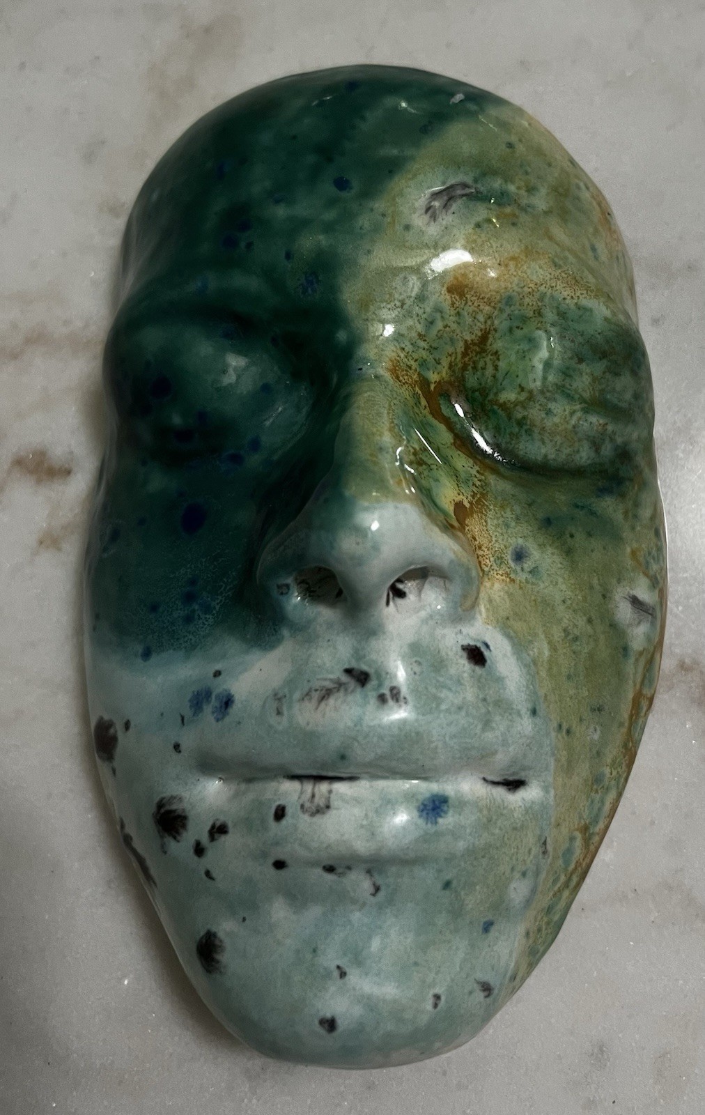 Vintage 2002 Handmade Ceramic Face Mask Art Piece Wall Hanging Blue/Green