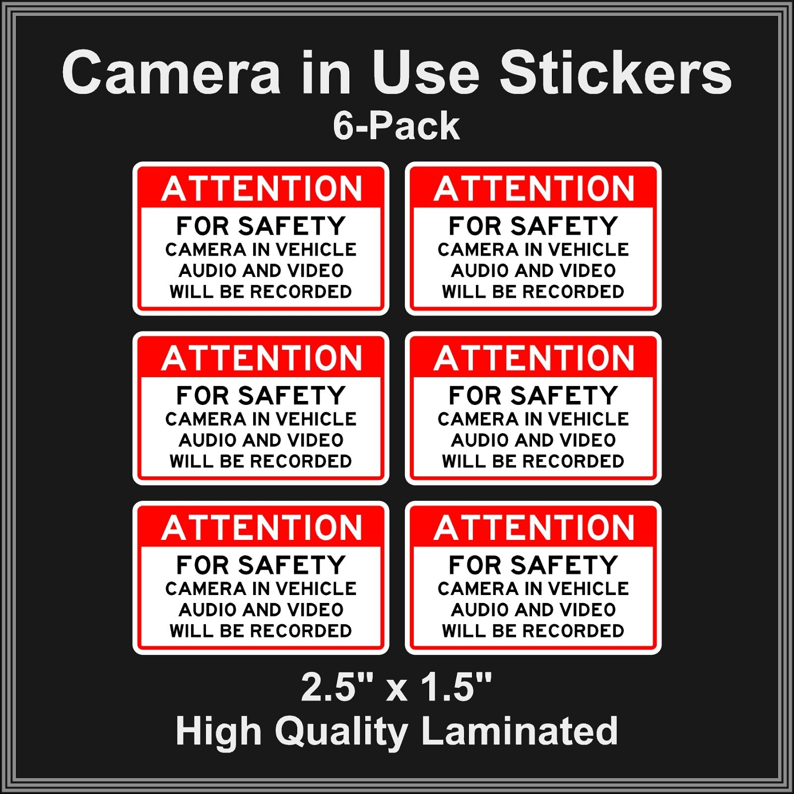 Camera in Car Recording Video 6-Pack Decals Red & Black 2.5″ x 1.5″ for Uber