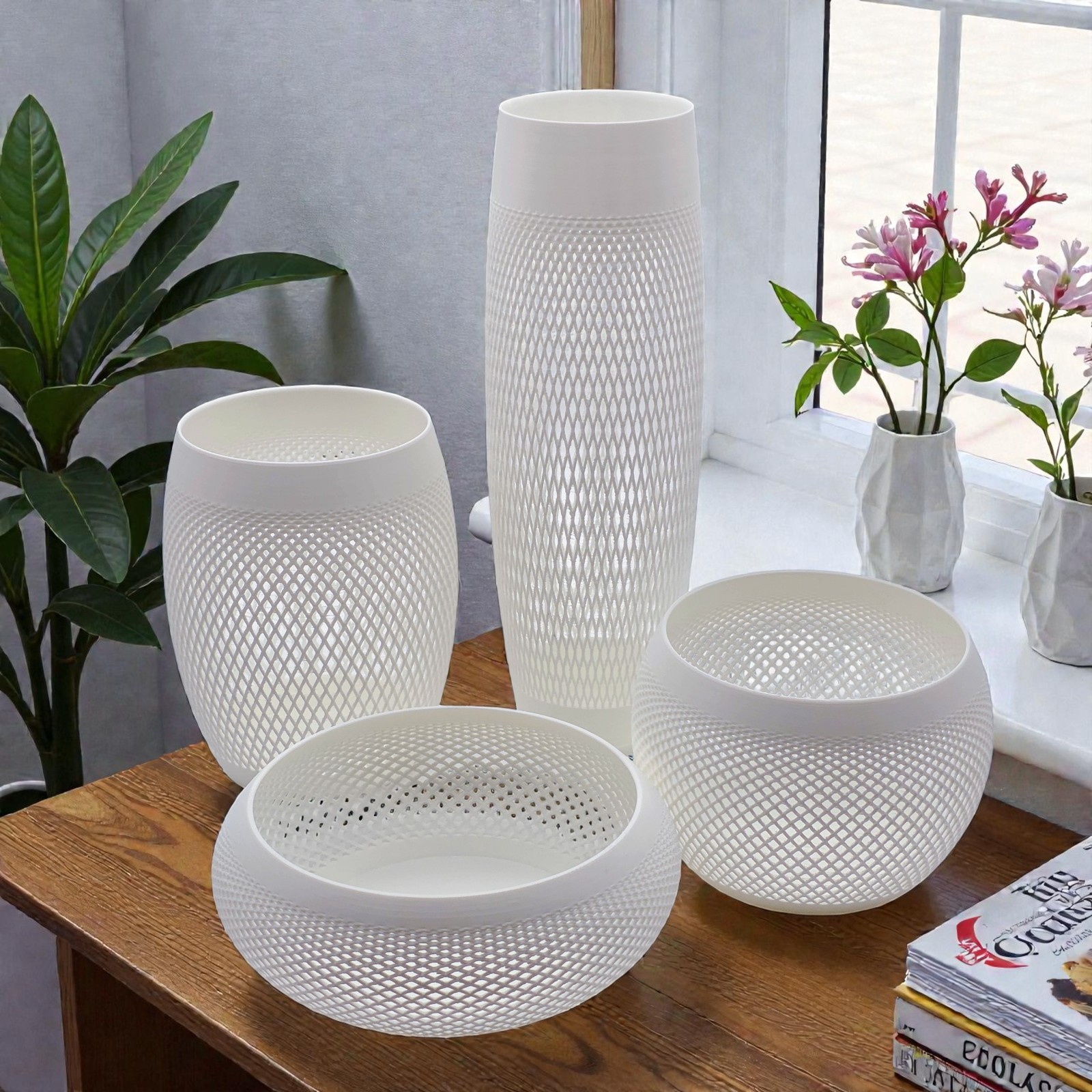 Modern Mesh Series 4-Piece 3D Printed Bowl & Vase Set – Handmade Home Decor