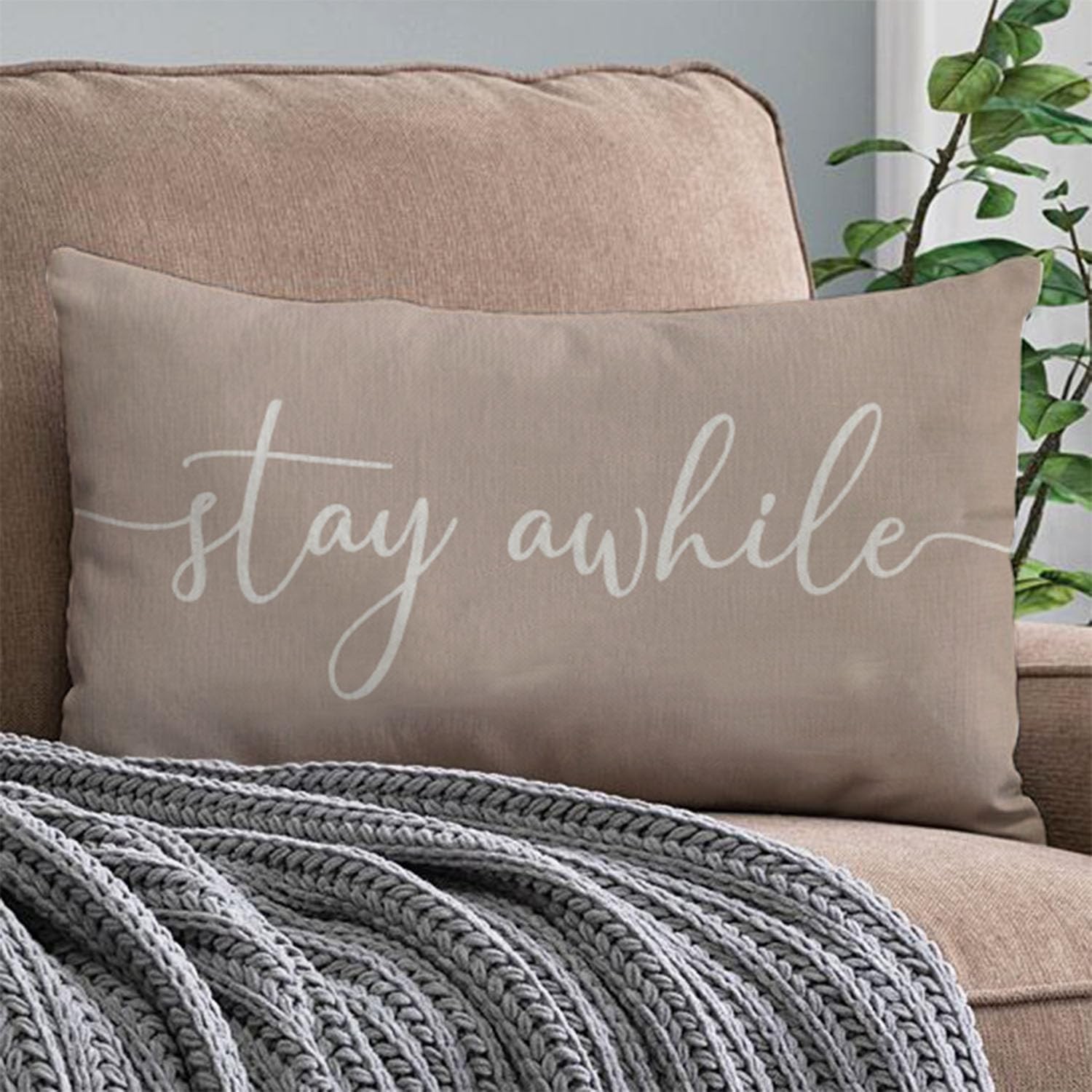 PANDICORN Modern Farmhouse Pillow Covers 12×20 with Words Stay Awhile Cozy Re…