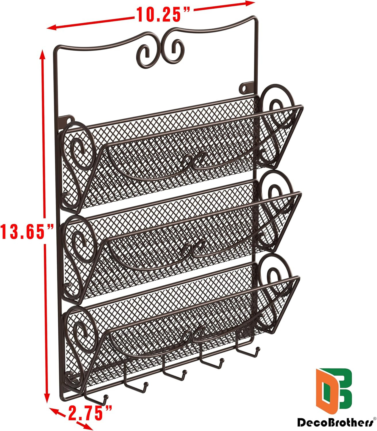 Wall Mail Organizer with 5 Key Holder, 3 Tier, Bronze