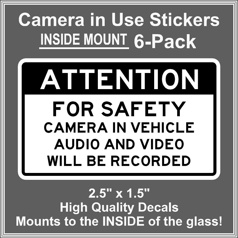 Camera in Car Recording Video 6-Pack INSIDE MOUNT Decals Black White 2.5″ x 1.5″