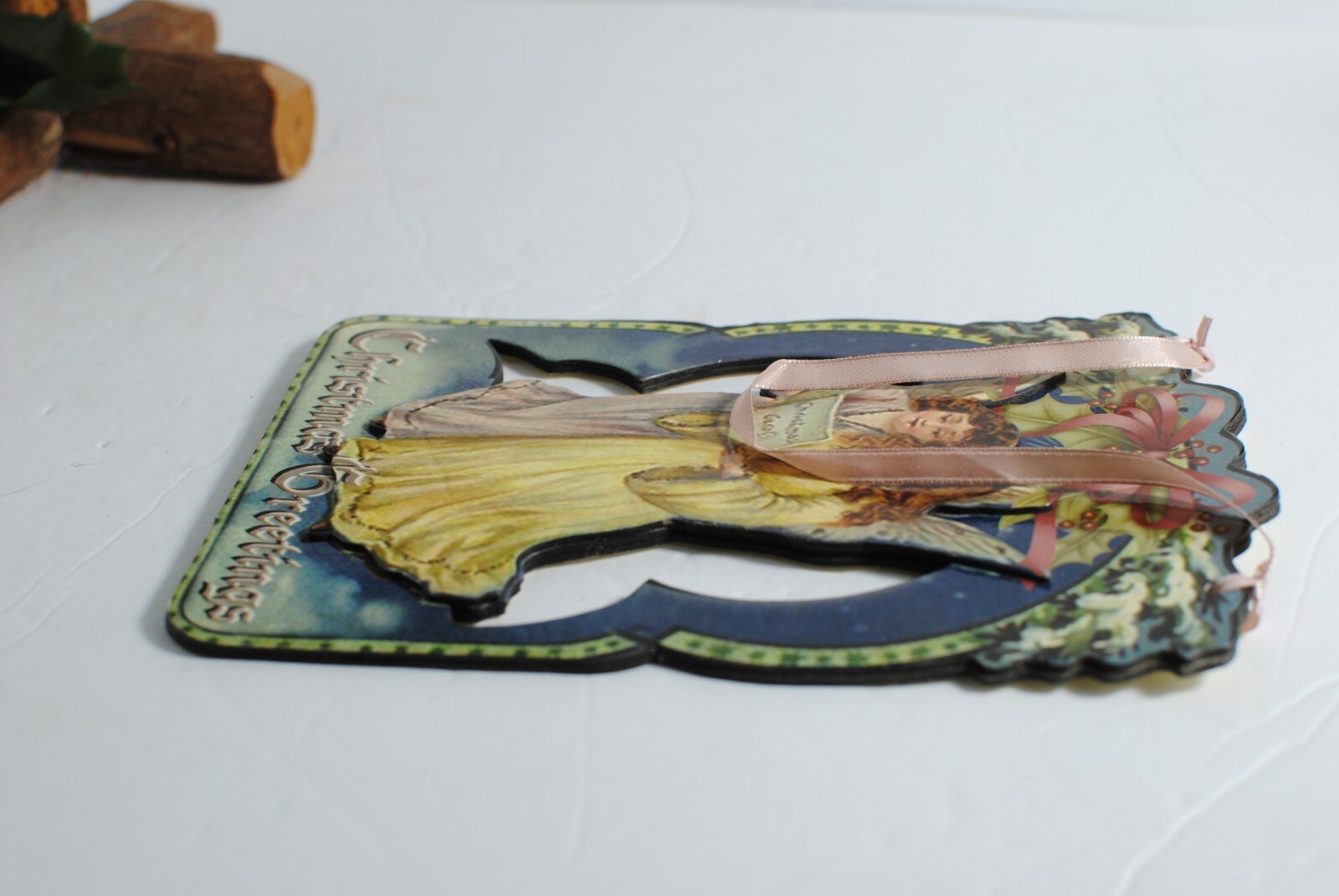 Vintage Santa and Angels Hanging 8in on Ribbon Victorian Christmas Sign Lot of 2