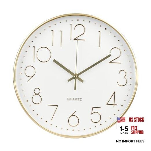 Wall Clock 12 Inch Non-Ticking Silent Modern Simple Style Round 12inch Gold