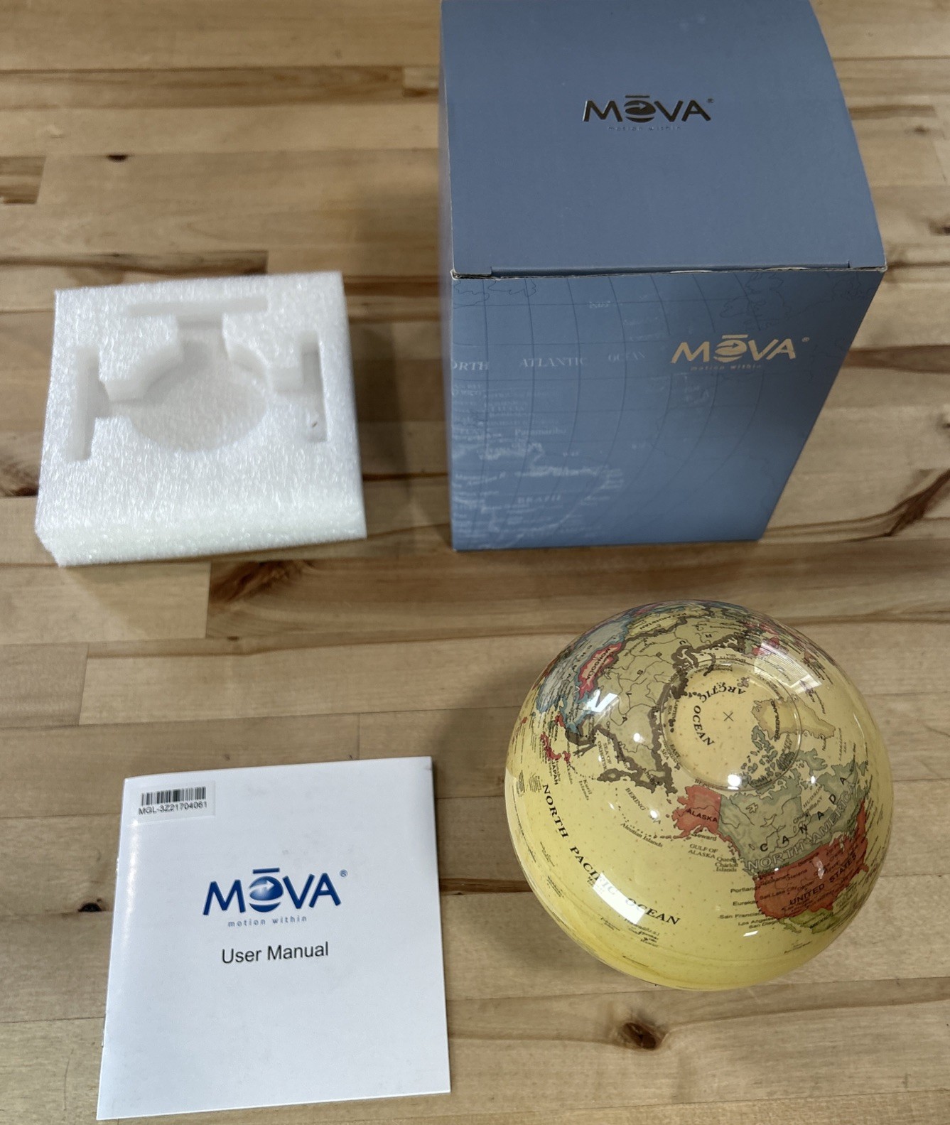 MOVA Rotating Globe W/ 3- Prong Stand New In Box 6 Inch Antique Beige