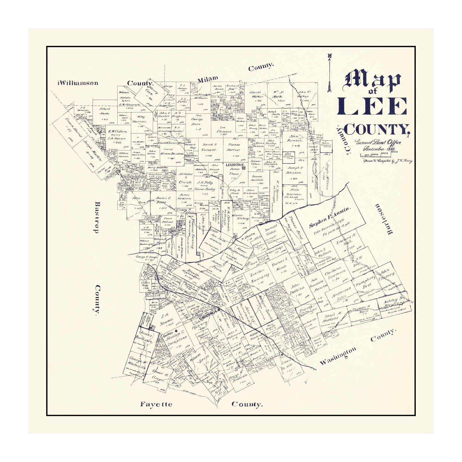 Old Map of Lee County, TX 1888 – Vintage Texas Art