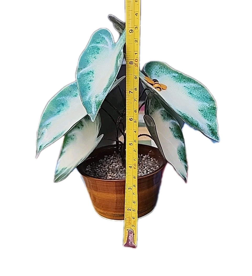 Vintage Enameled Metal Faux Variegated Alocasia Plant W Glazed Brown Pot *READ*