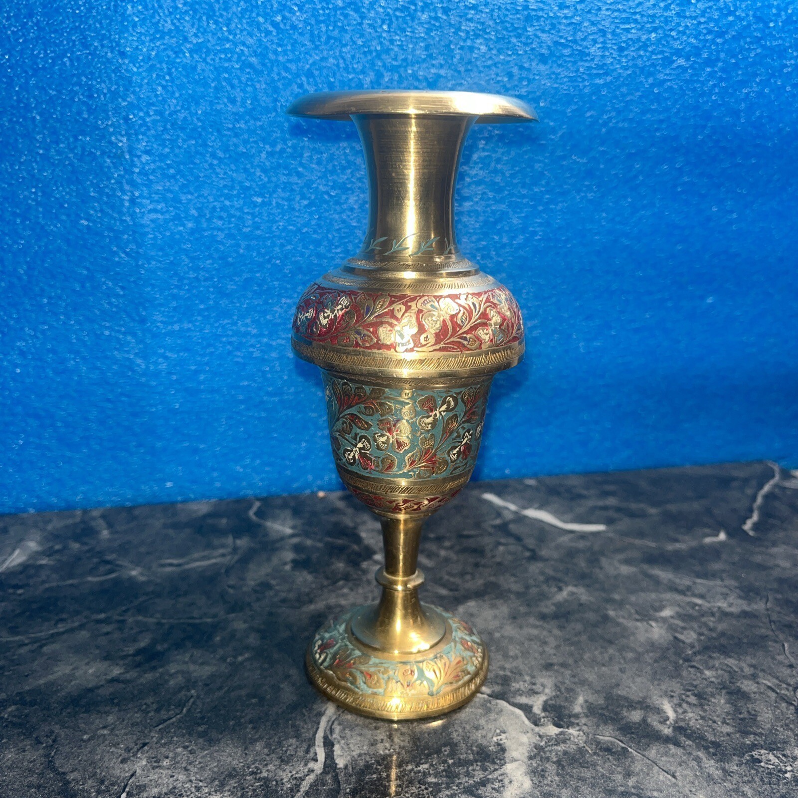 Hand Crafted Kashmiri Pattern Brass Flower Vase 17 cm