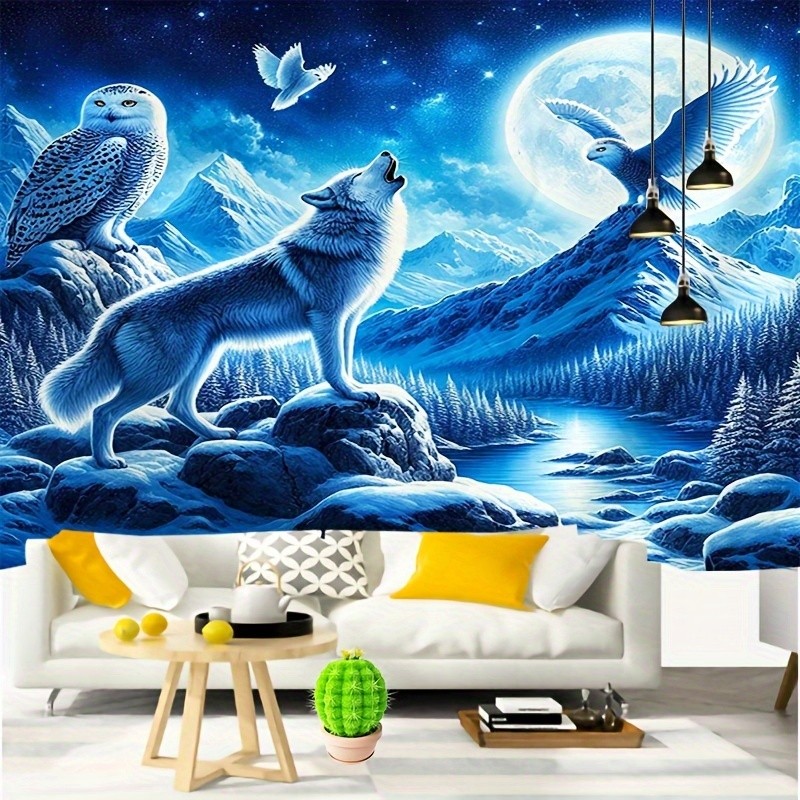 1pc Moonlight Tapestry – Polyester Woven Wolf and Owls Wall Hanging – No Electri