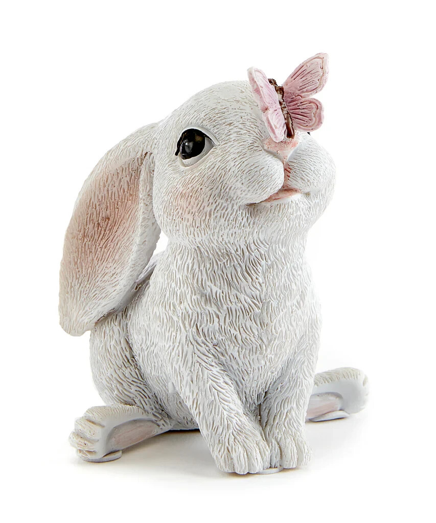 Small 3.75″ Resin Bunny Rabbit w/Butterfly Figurine Farmhouse Easter Spring Boho