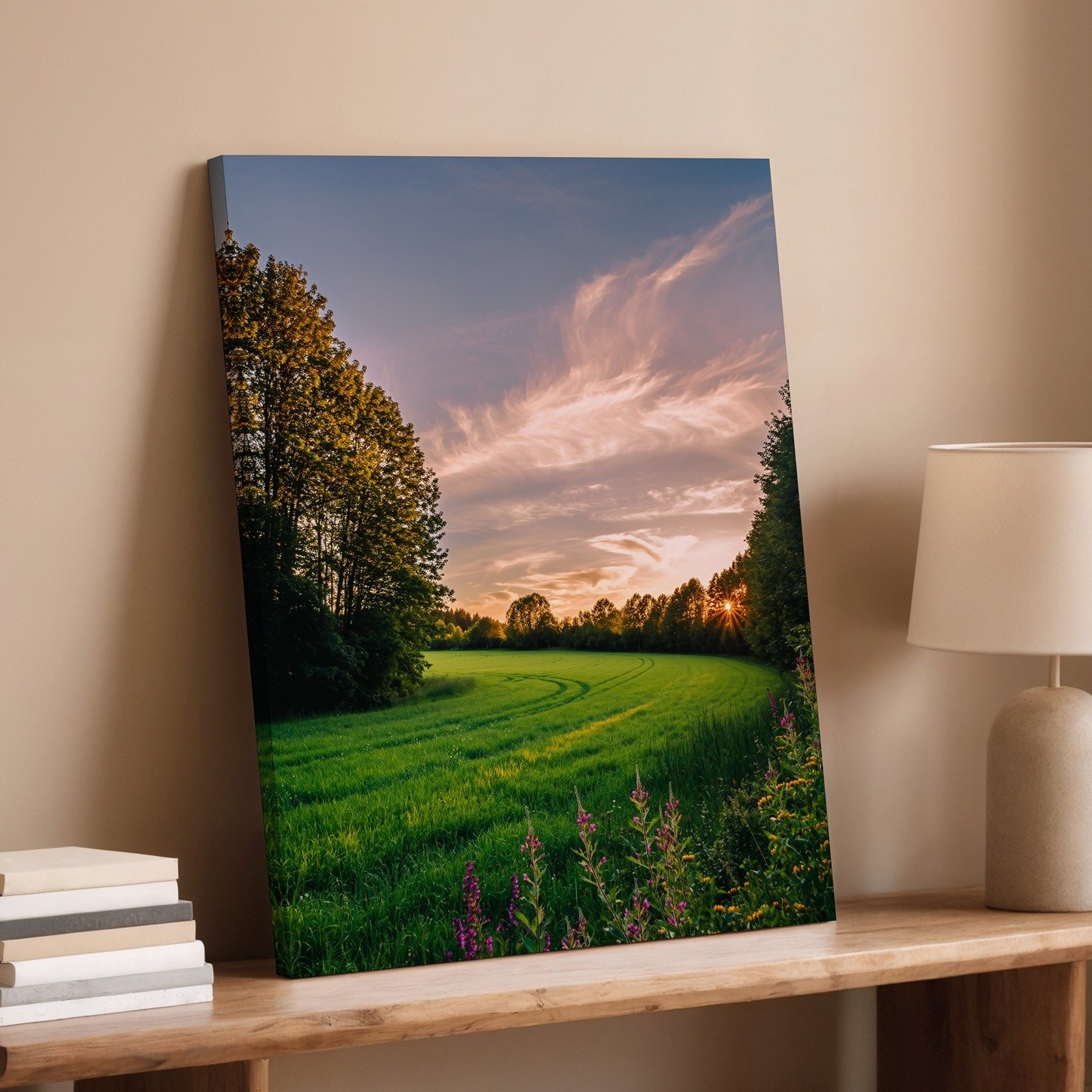 Wall Art Serene Landscape At Golden Hour, Featuring A Lush Green Field Bordered