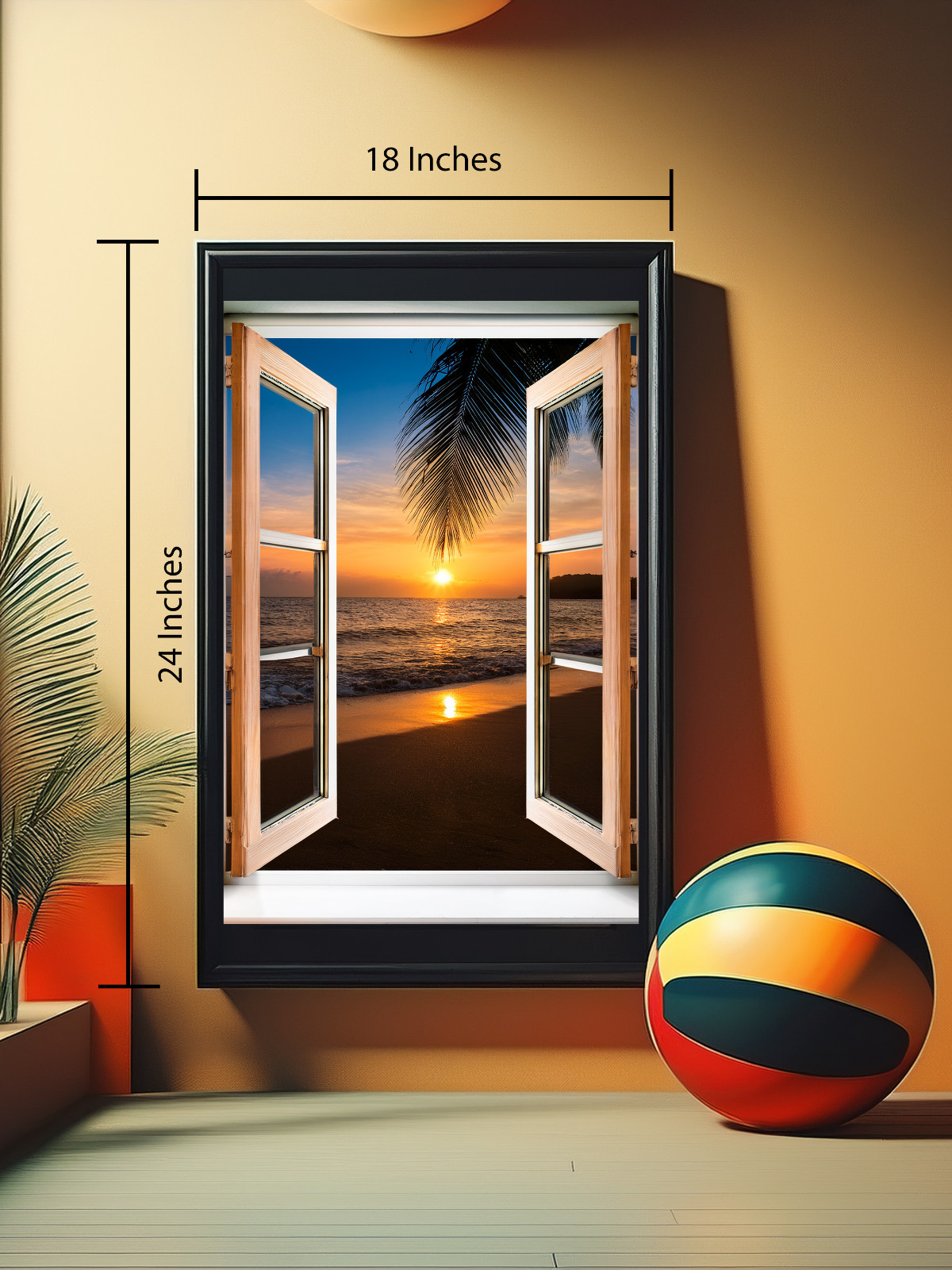 Beach Picture Open Window Scene, LED Phone controlled w/timer Beach Photo Sunset