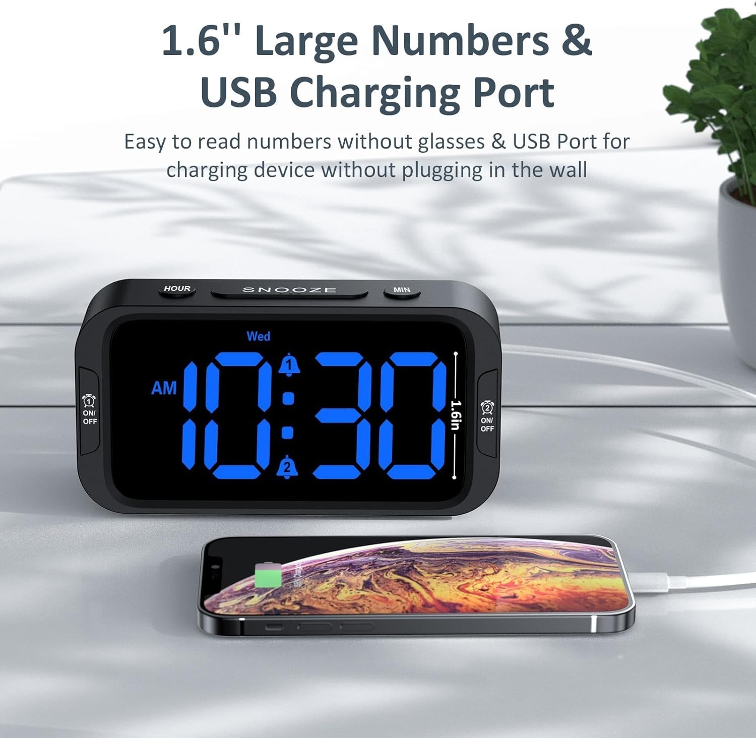 Digital Alarm Clock with Dual Alarms USB Charger Dimmer Snooze 12 24H