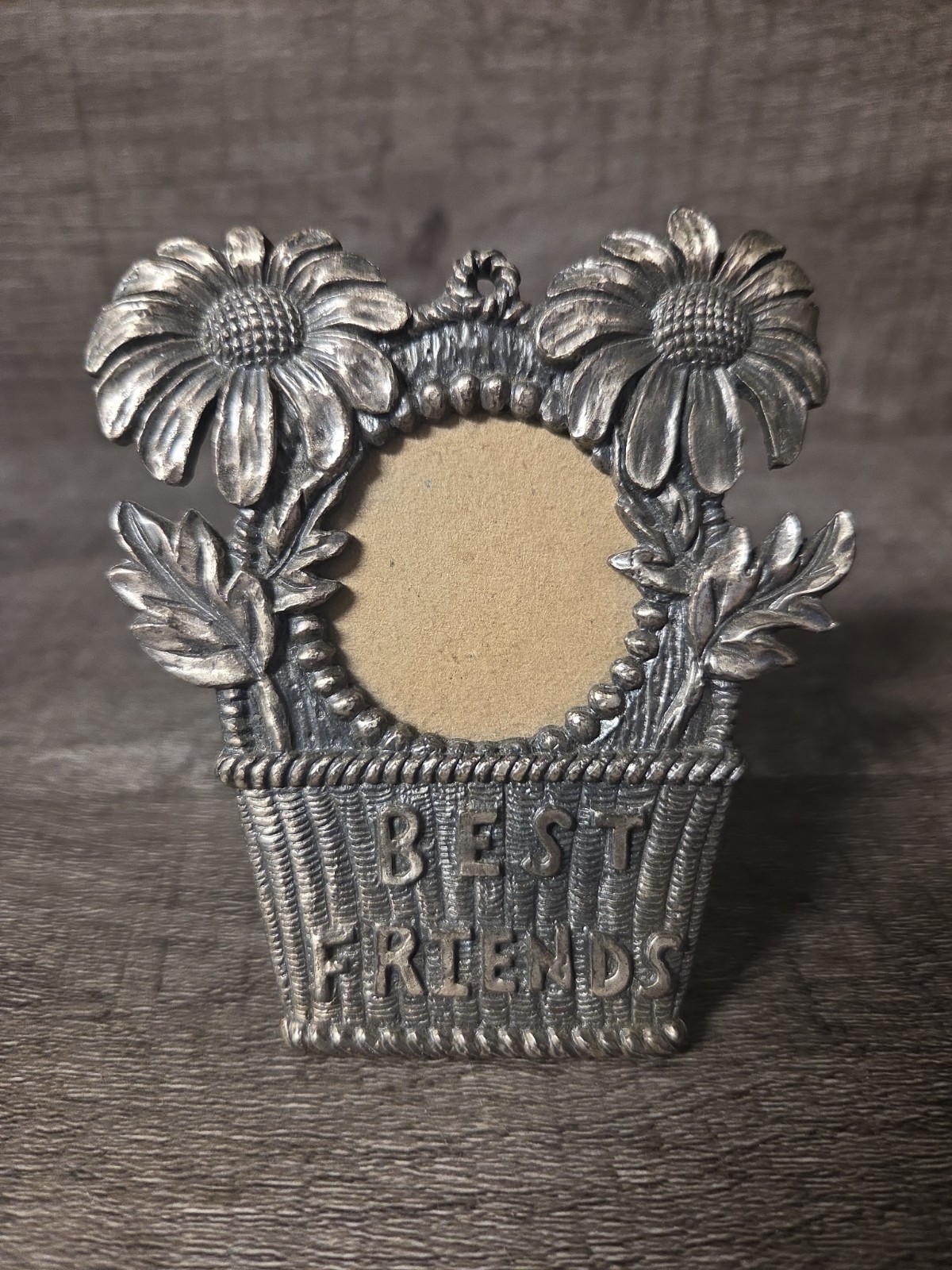 BEST FRIENDS 1.5×1.5″ metal pewter photo frame sunflower basket gift