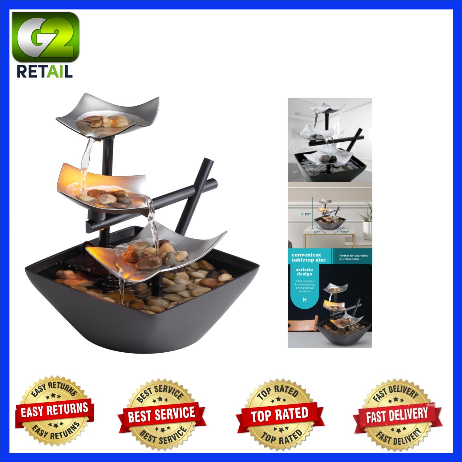 EnviraScape 8.25” Tabletop Water Fountain with Light & Natural River Rocks