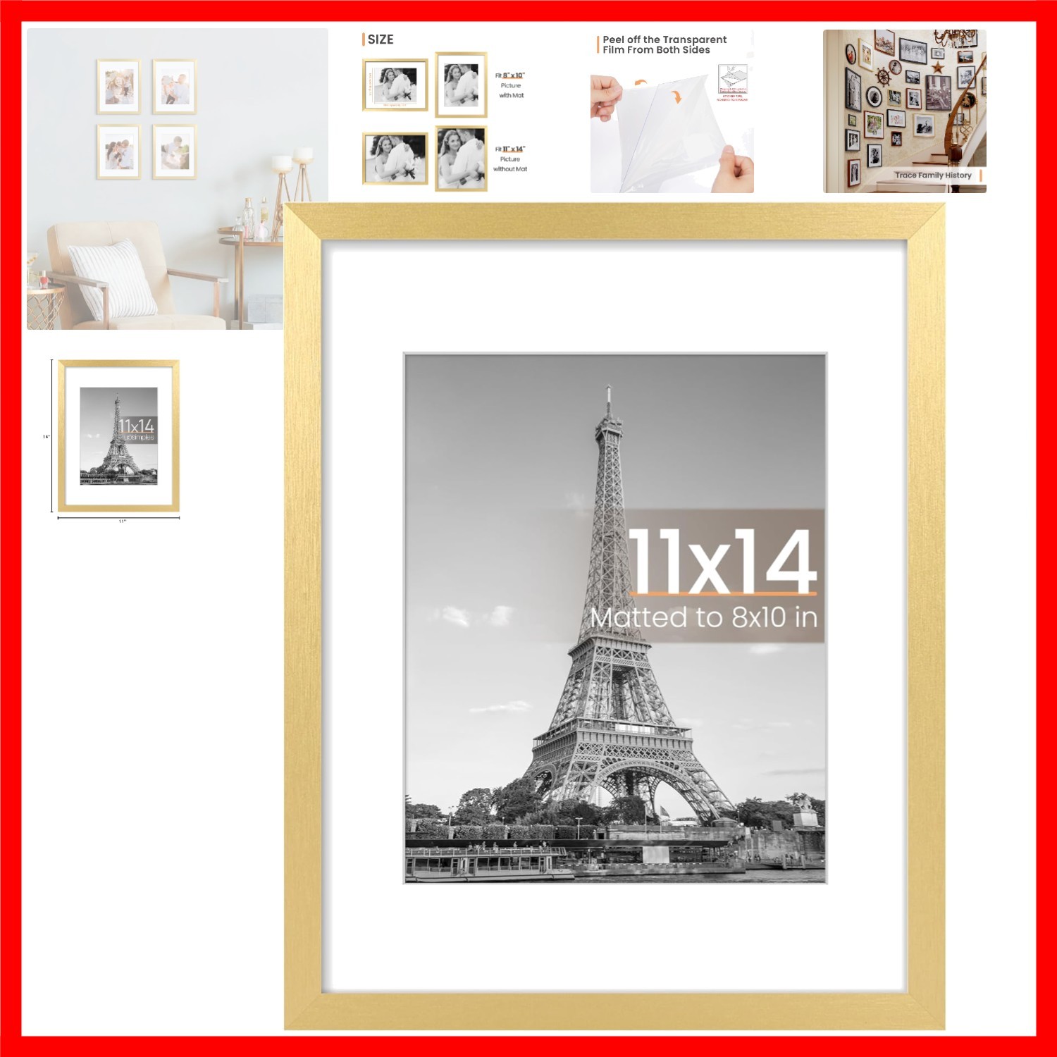 upsimples 11×14 Picture Frame, Display Pictures 8×10 with Mat or 11×14…