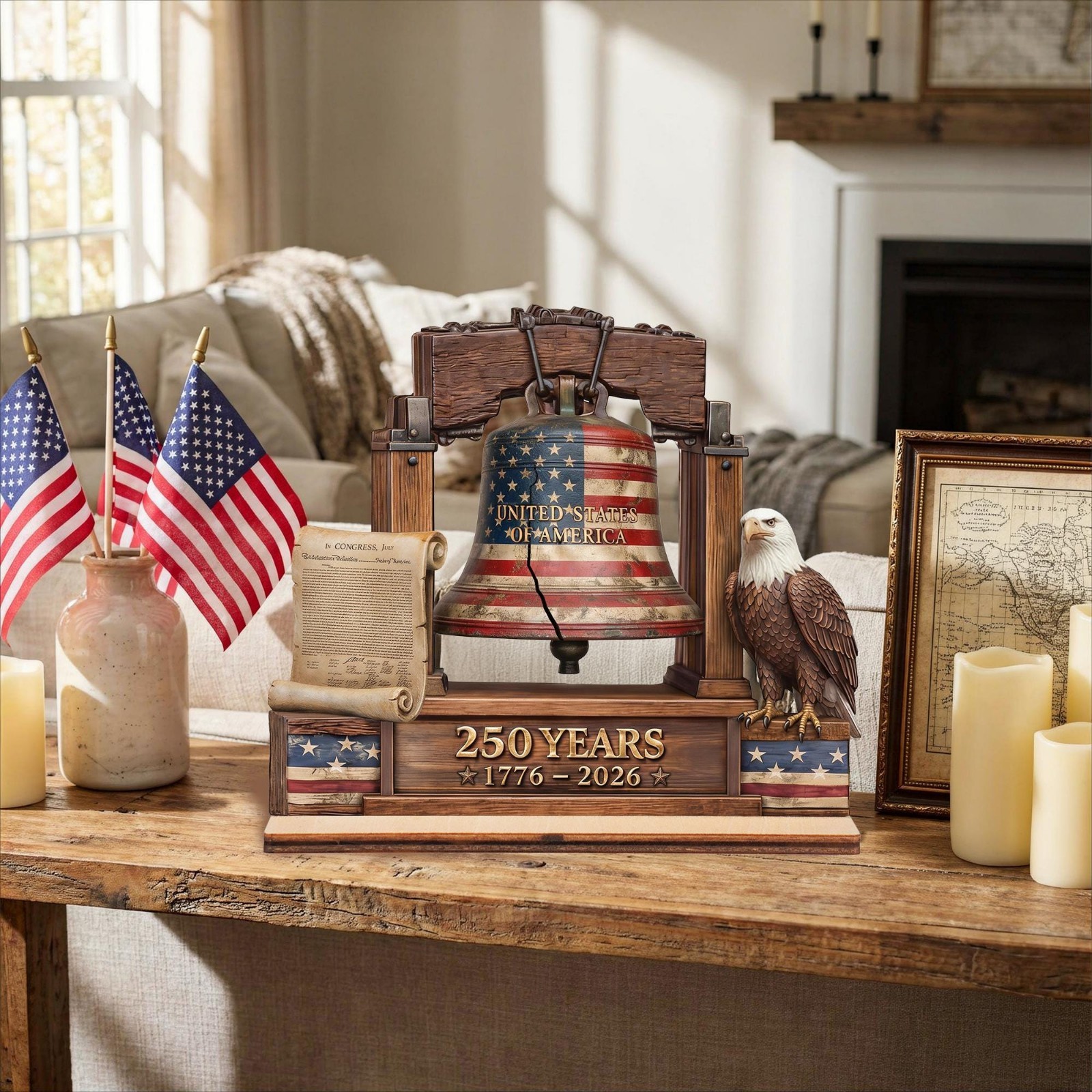 America 250th Anniversary Wooden Display, Patriotic Eagle Liberty Bell Decor