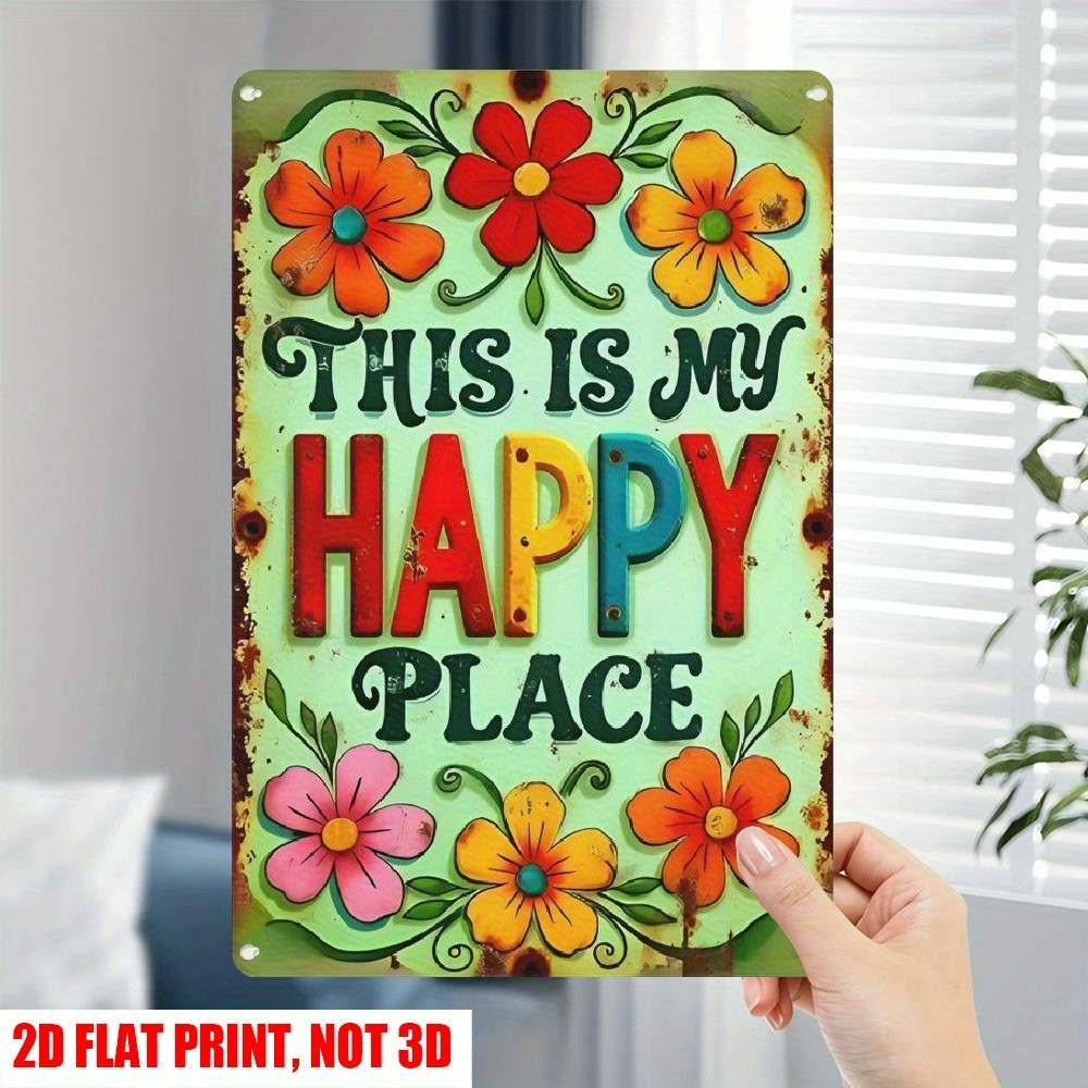 Retro Garden Decor Metal Sign This Is My Happy Place Colorful Floral Plaque 12×8