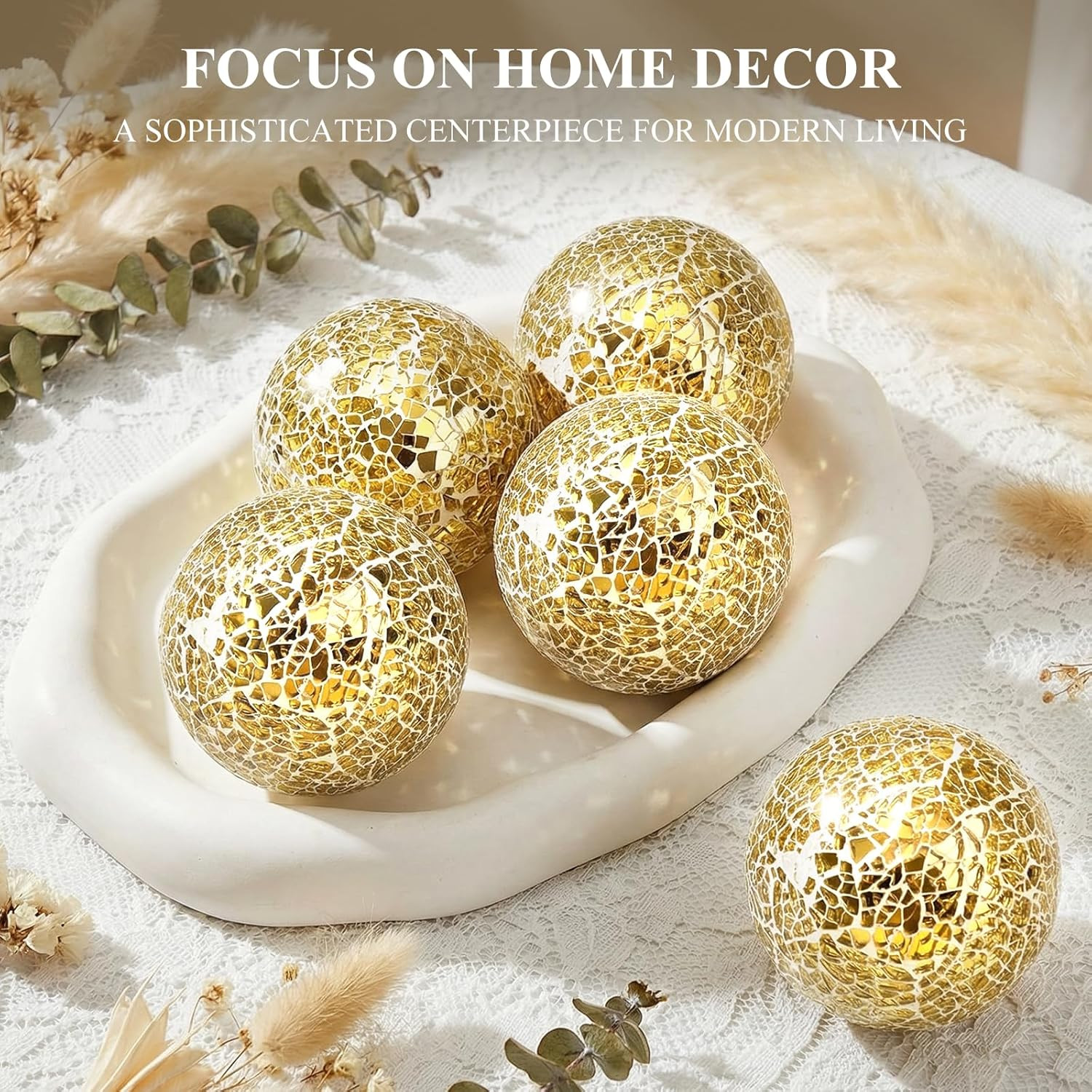 5PCS Decorative Balls for Bowls, 3 Inch Gold Orbs Glass Balls for Centerpiece Bo