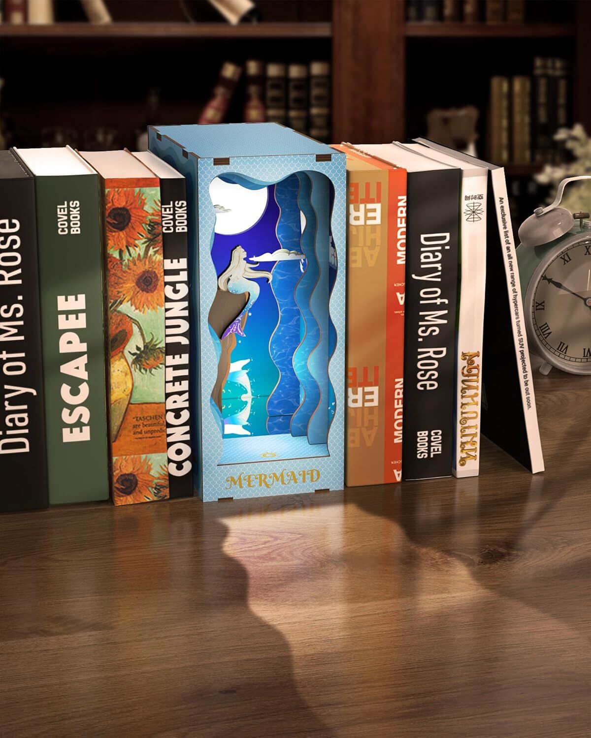 DIY Book Nook Kit for Adults 3D Wooden Puzzle Mermaid Wooden Dollhouse Bookend
