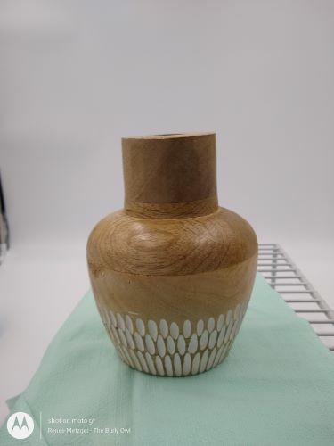 Round White Carved Wood Vase Jug Smooth Finish Rustic Boho Home Decor New 6″