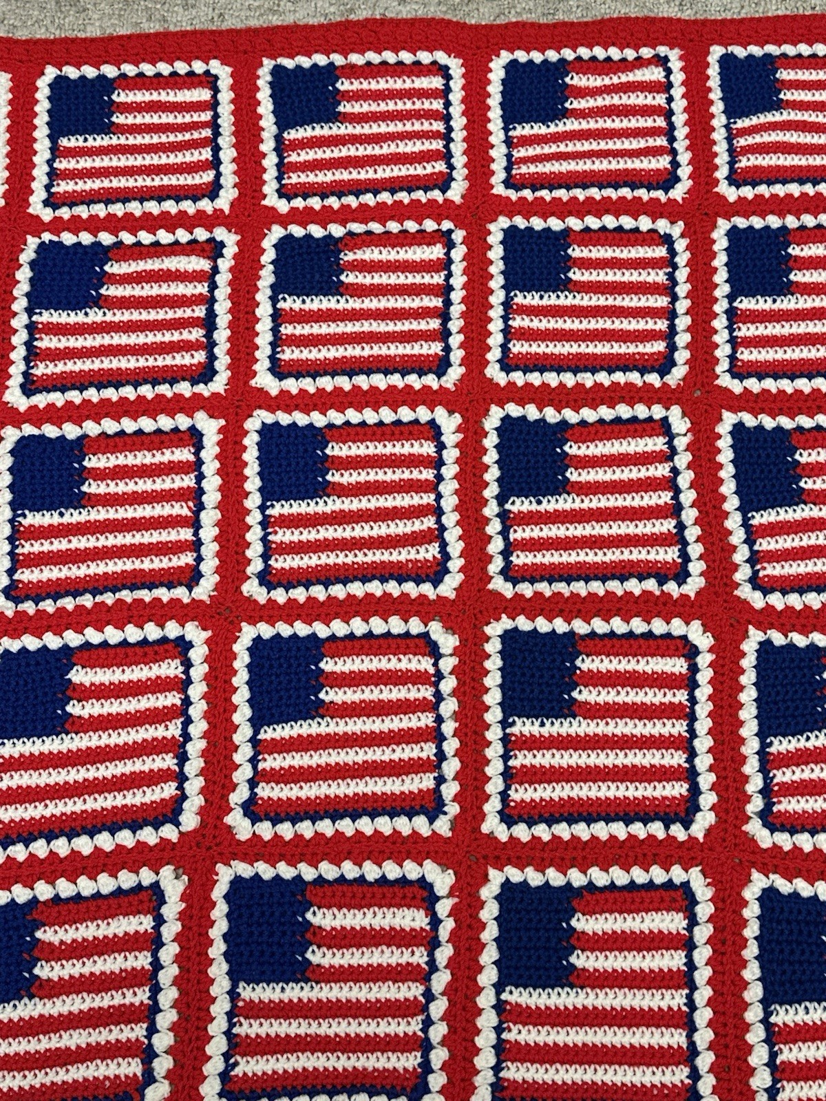Vintage Handmade Afghan Crochet Blanket Quilt Granny Square American Flag Red