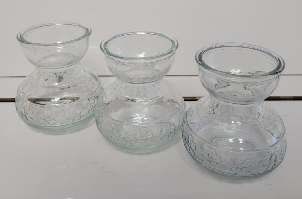 3 CLEAR GLASS ROUND VASES EMBOSSED WITH 4 LEAF CLOVERS 4 INCHES