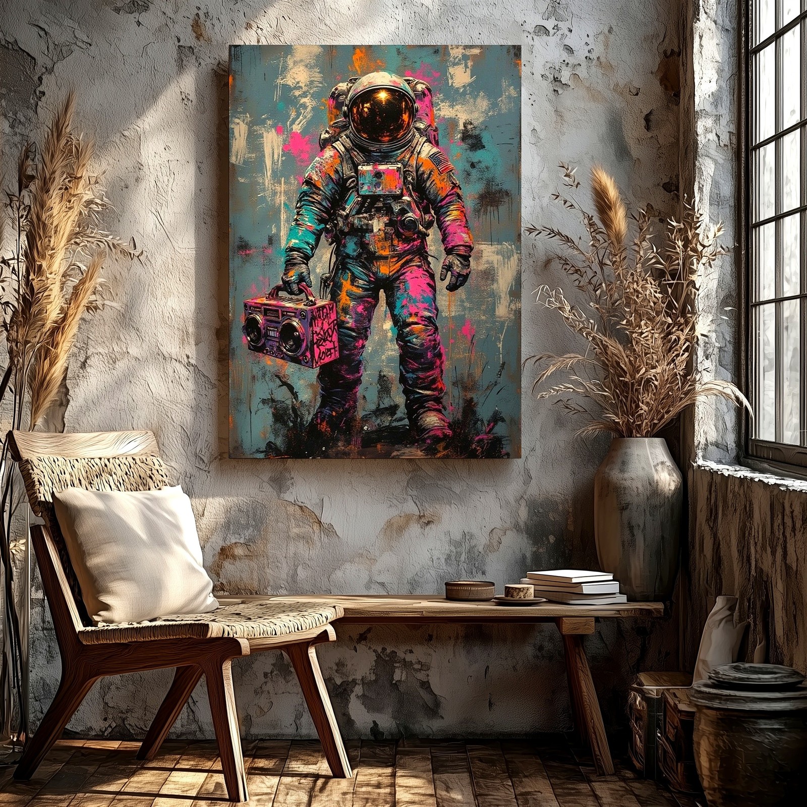 Wall Art Colorful Astronaut with Boombox Graffiti Abstract Canvas Print Decor