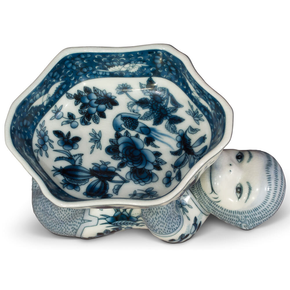 US Seller – Blue and White Chinese Porcelain Monkey Holding Lotus Dish