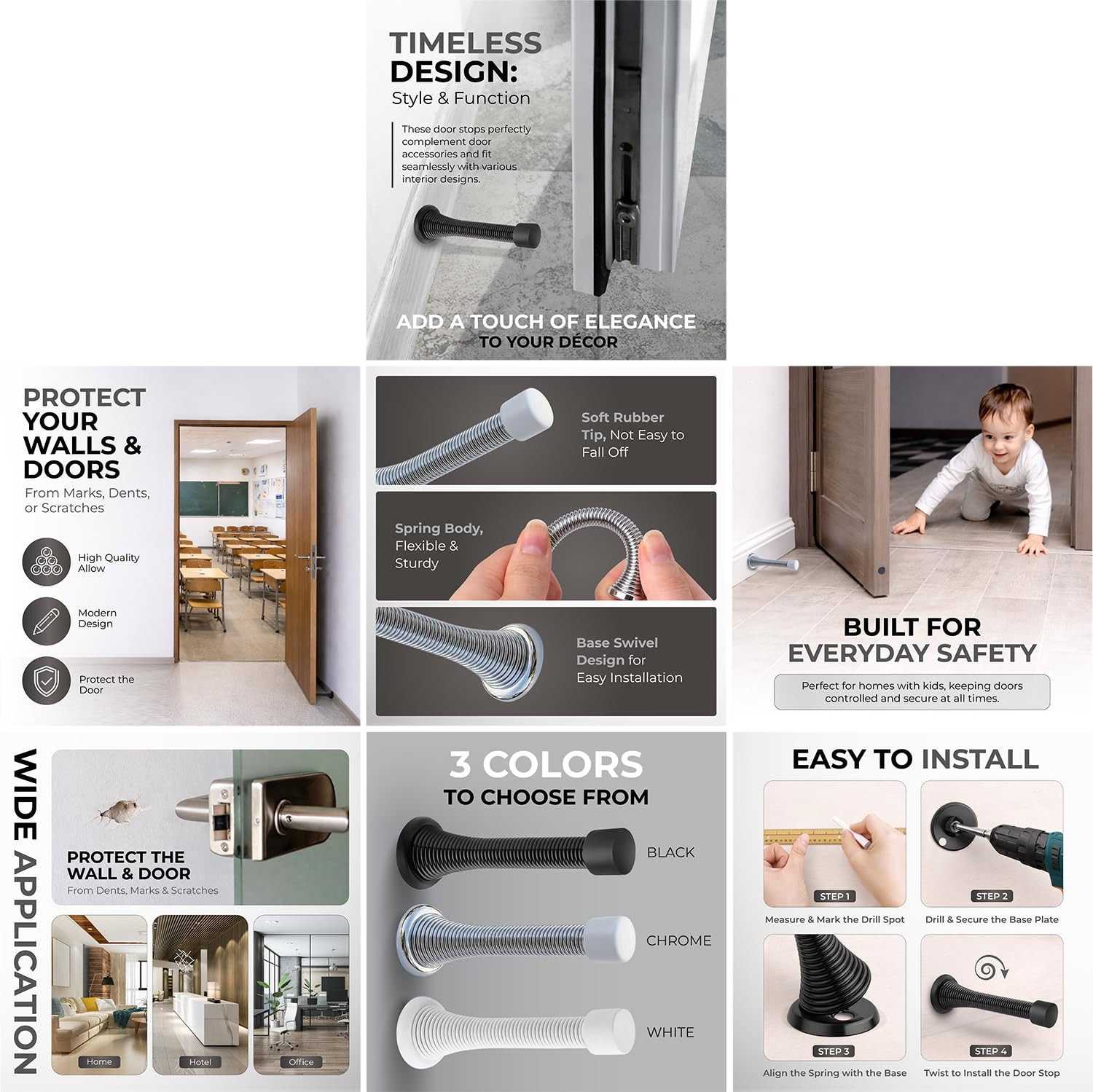Spring Door Stopper –1 Matt Blk -Pack Wall – Easy Installation…
