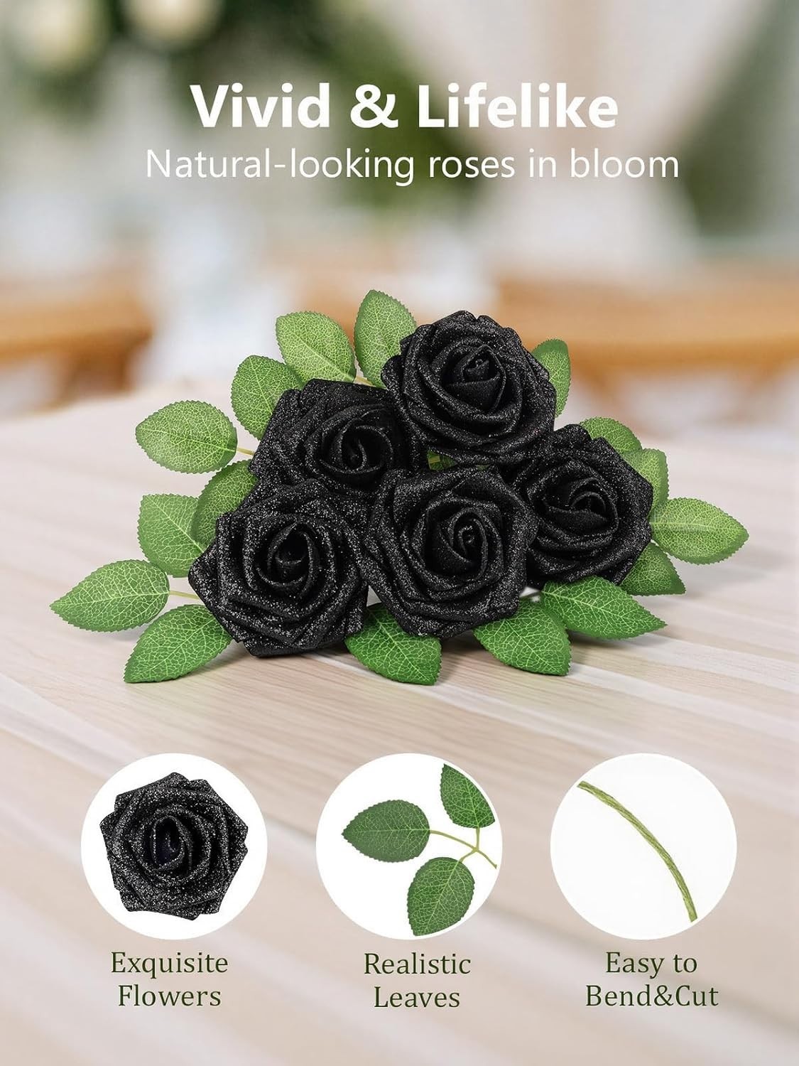 Luxurious 25pcs Black Glitter Roses – DIY Floral Arrangements for All Occasions