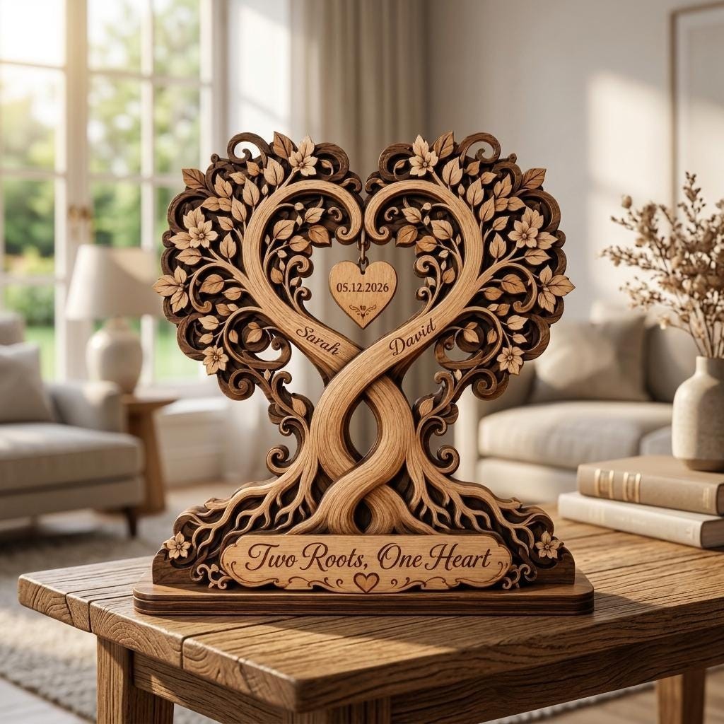 Personalized Couple Heart Tree Wooden Block, Custom Anniversary Keepsake Decor
