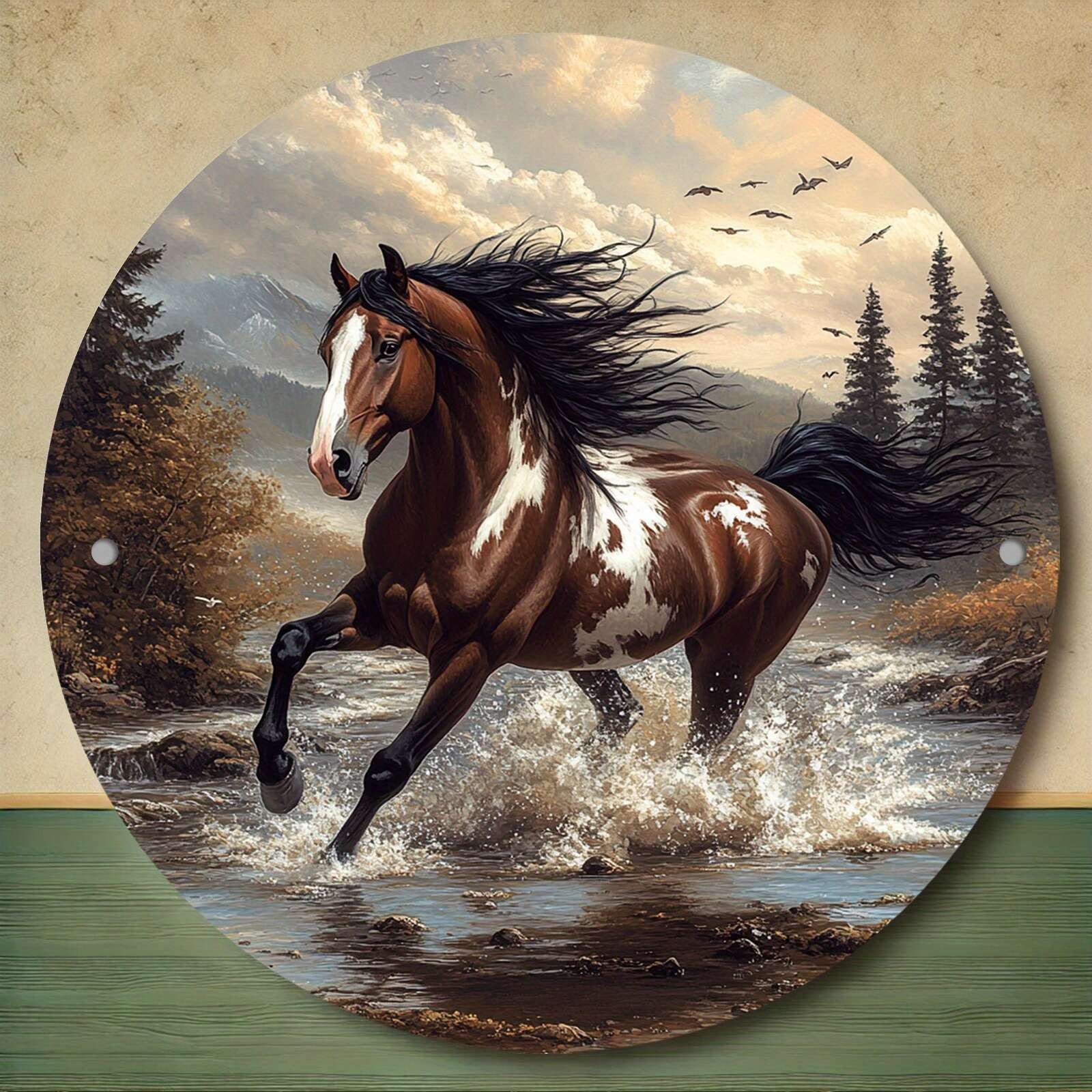8x8in Round Aluminum Wall Art – Tin Metal Signs Galloping Horse River Scene with