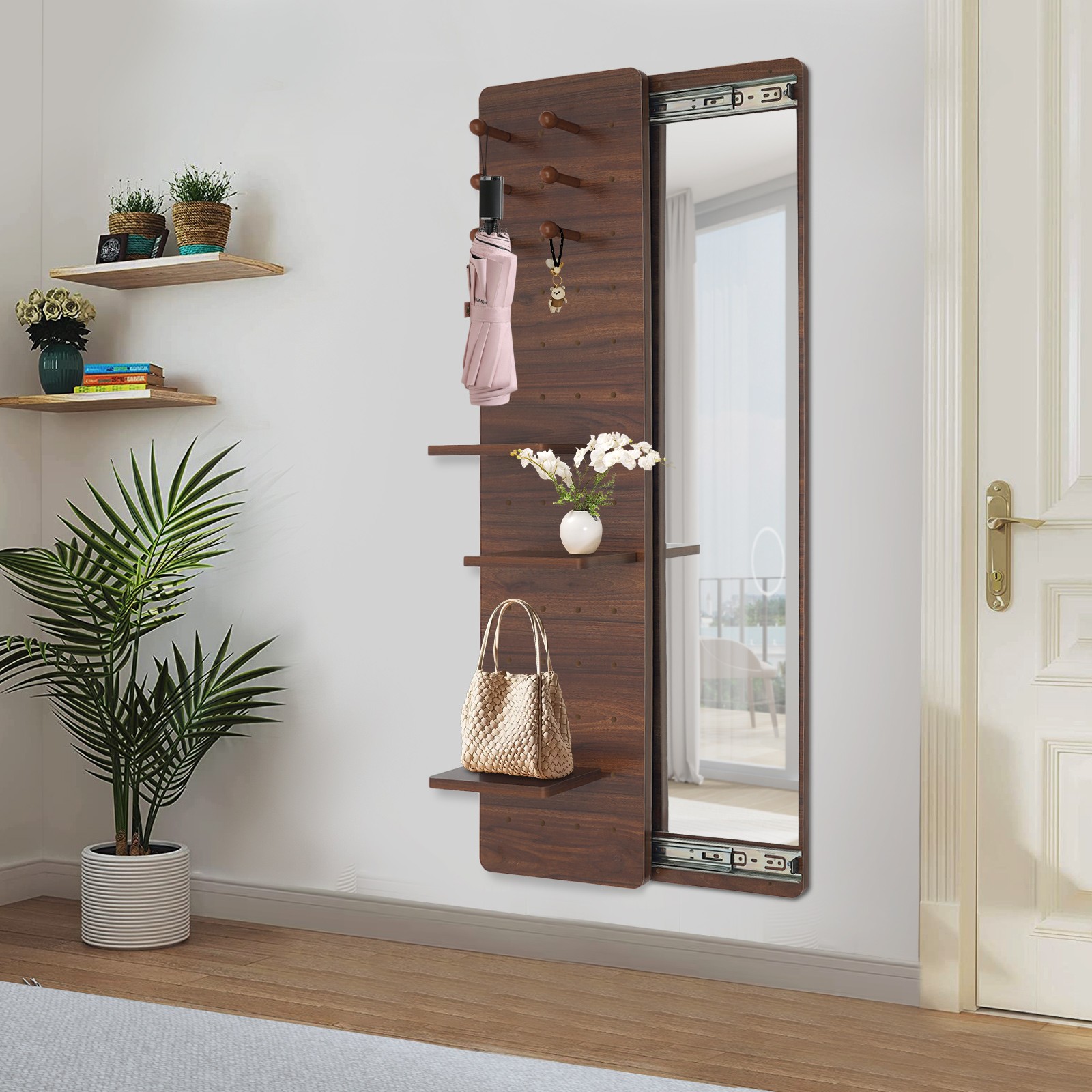 Wall-Mounted Full-Length Mirror with Pegboard, 3 Shelves & 6 Hooks Walnut