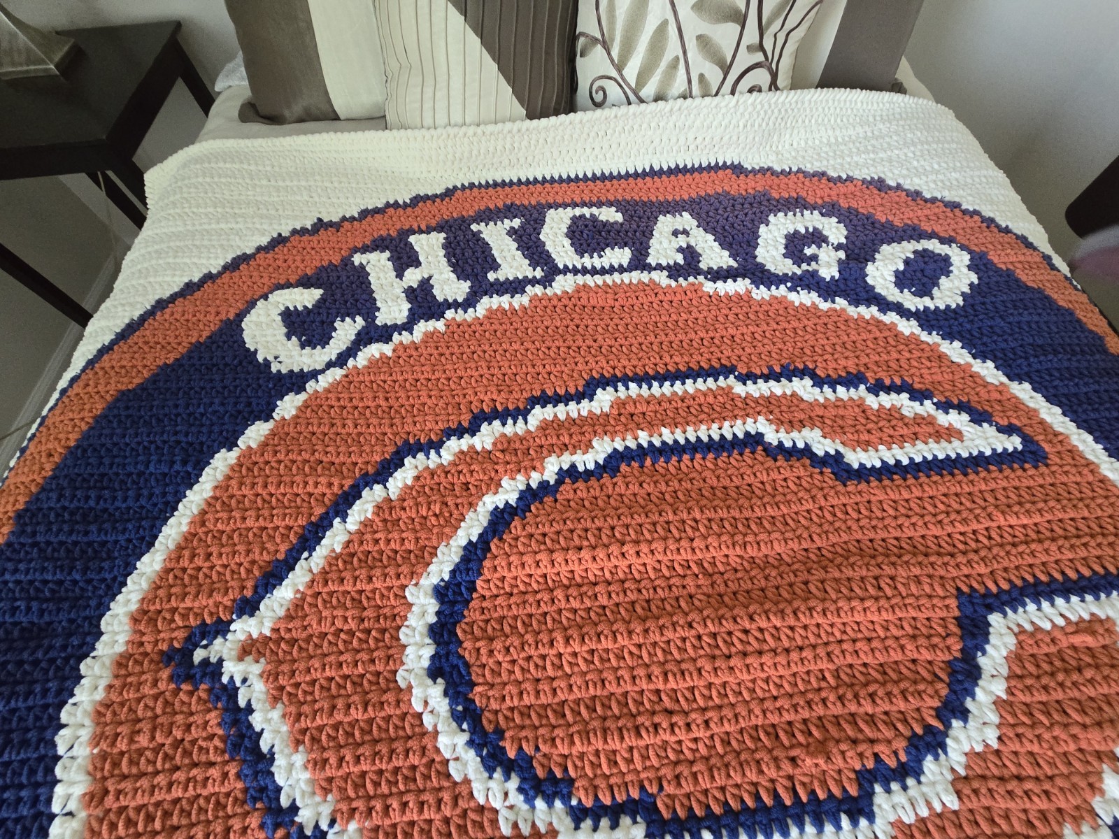 Chicago Bears Handmade Crochet Throw Blue Orange White 5′ 5″