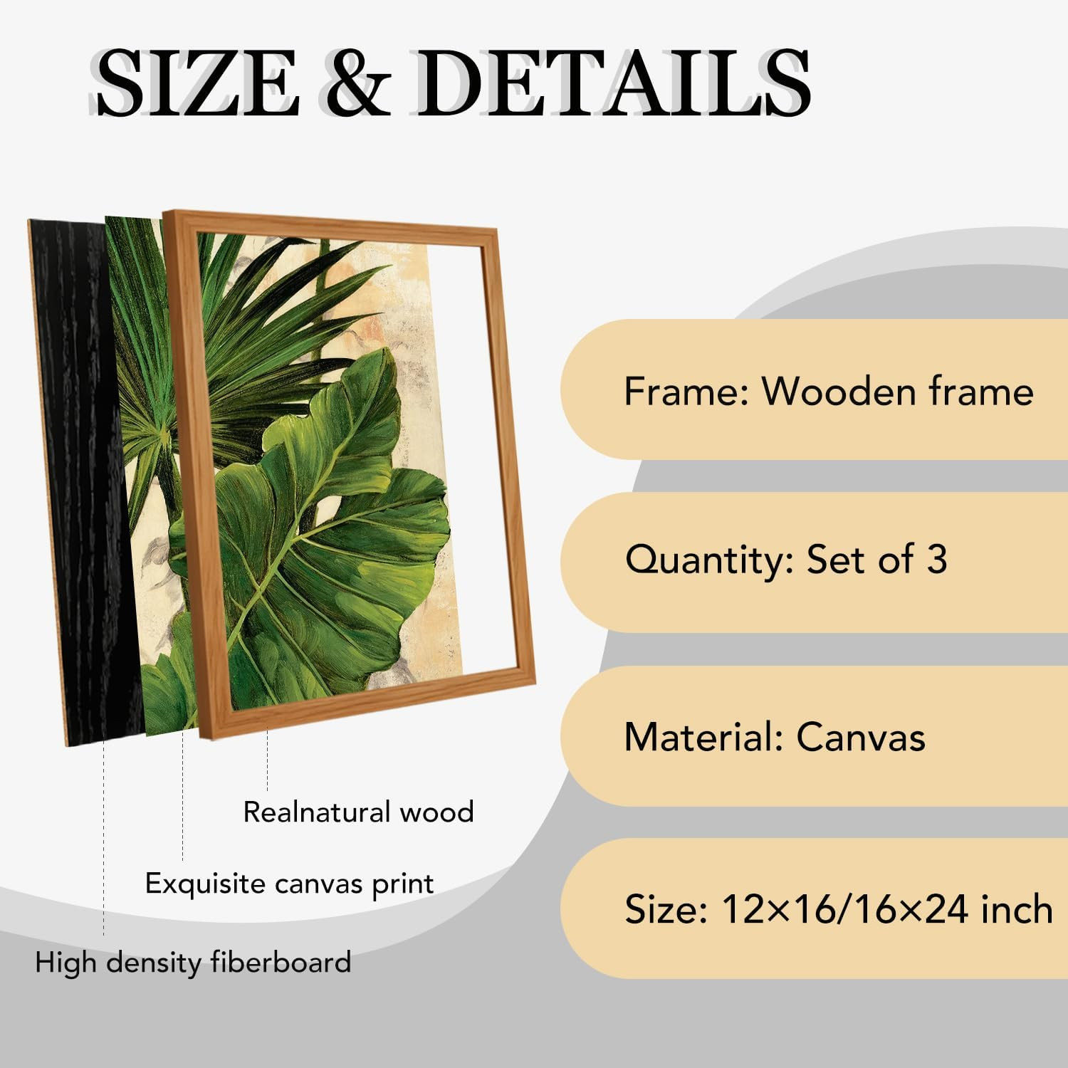 3 Pcs Tropical Palm Leaf Wall Art, Botanical Green Foliage Framed Canvas Paintin