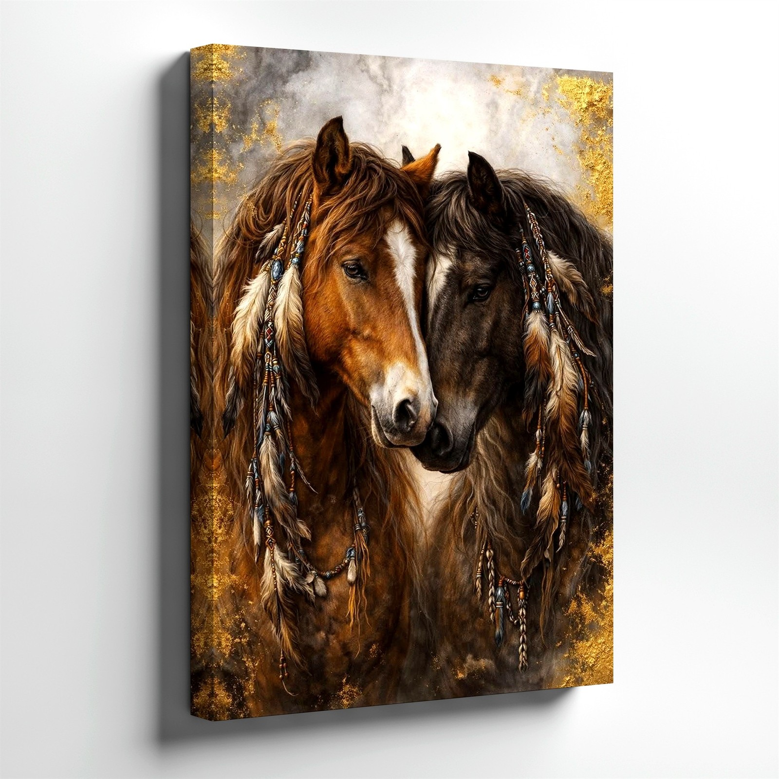 Canvas Two Horses Rustic Western Animal Face Portrait Gold Home Gallery Print