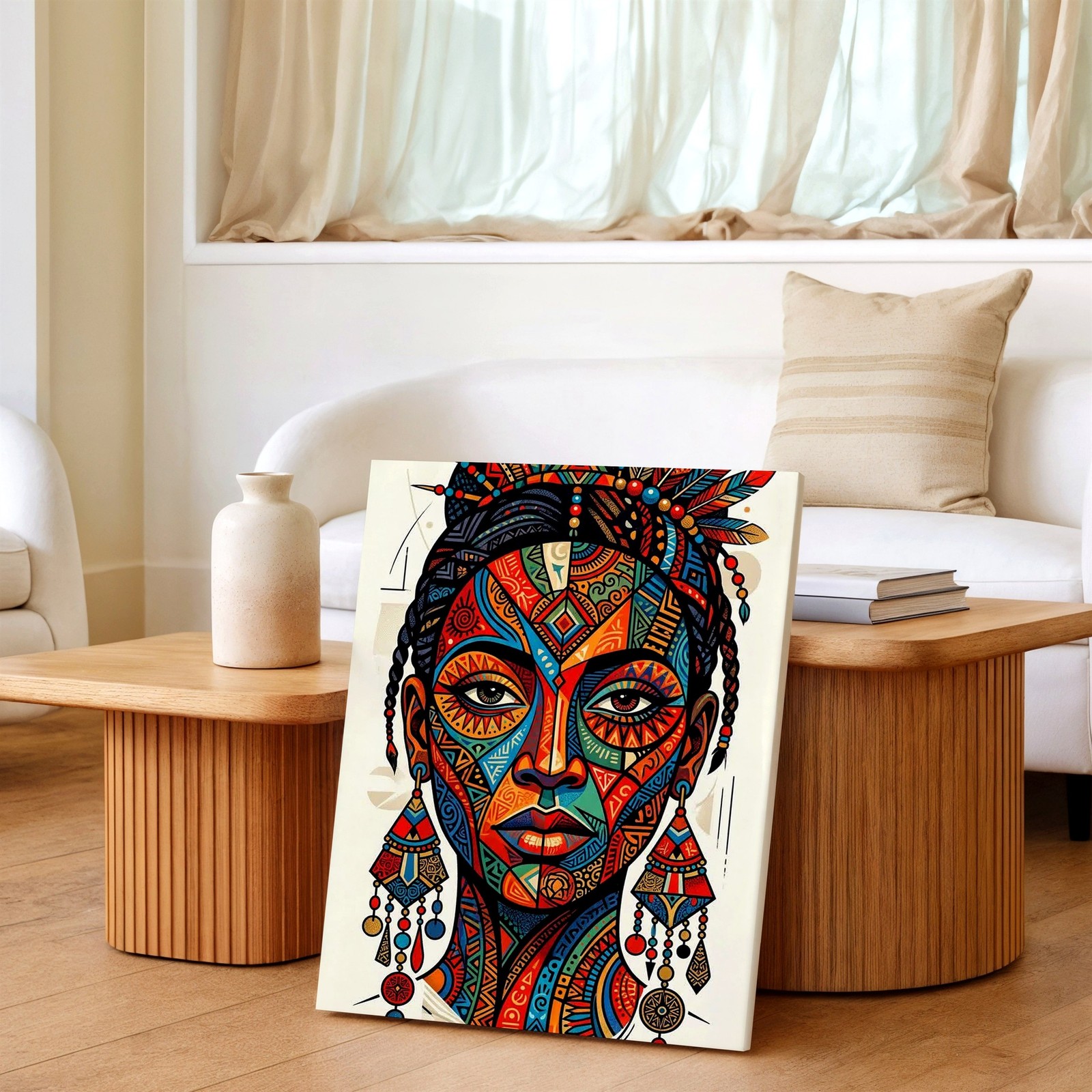Wall Art Colorful Tribal Woman Portrait Print Boho Geometric Face Poster Decor