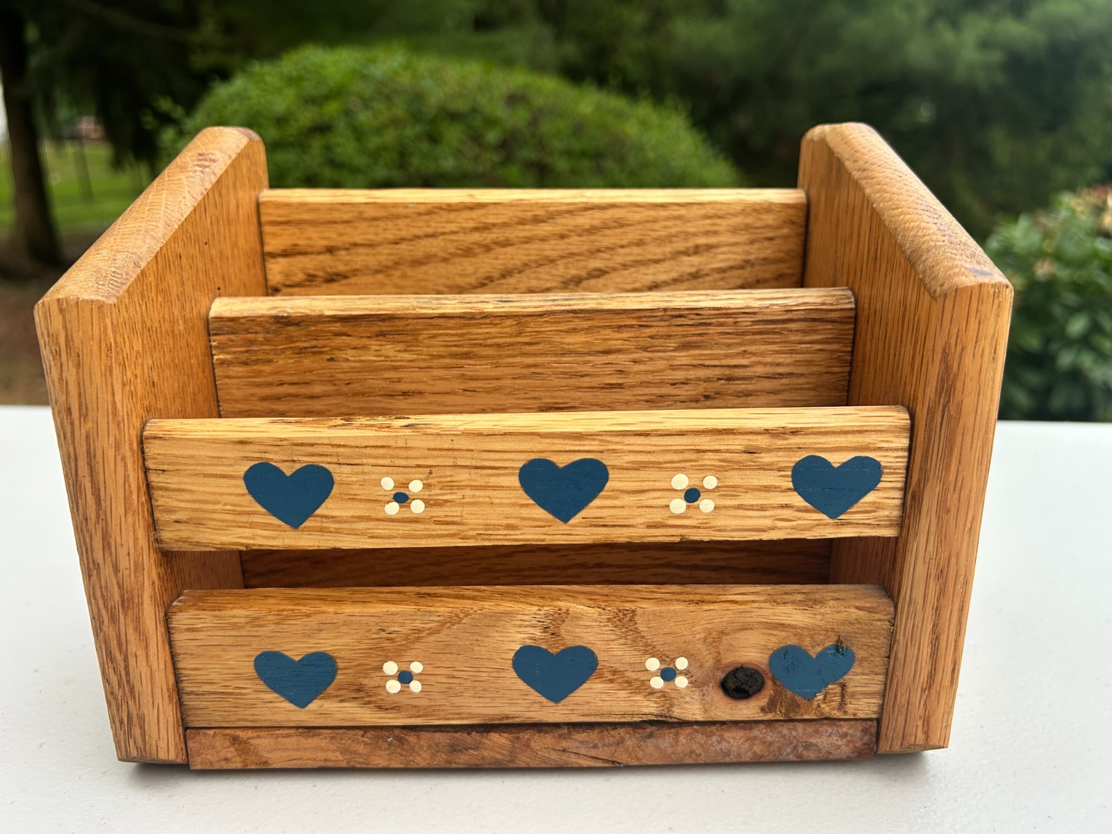 Solid Oak Mail Organizer Letter Holder Desk Sorter Blue Hearts Country Farmhouse