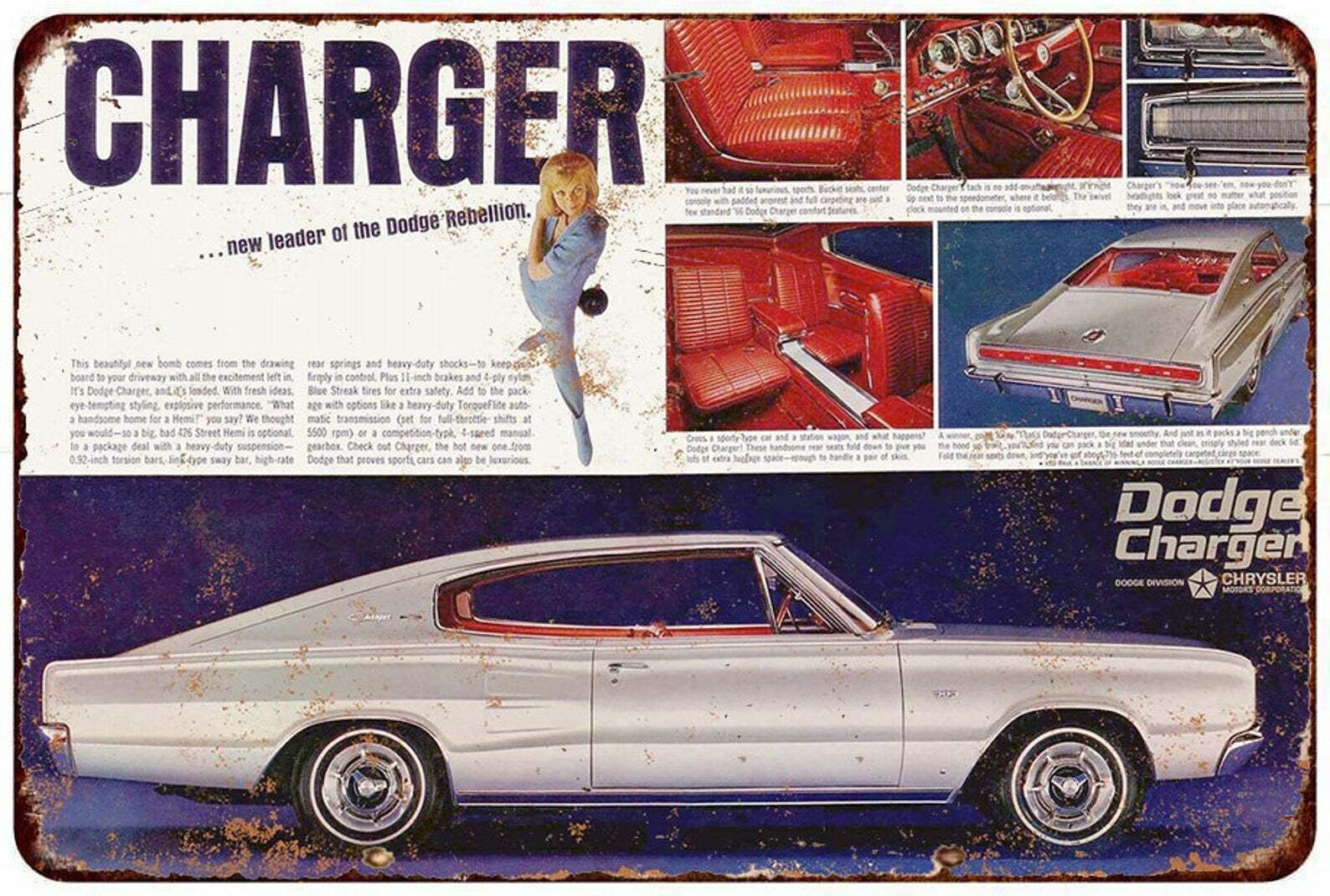 1966 Dodge Charger Vintage look reproduction metal sign 8 x 12