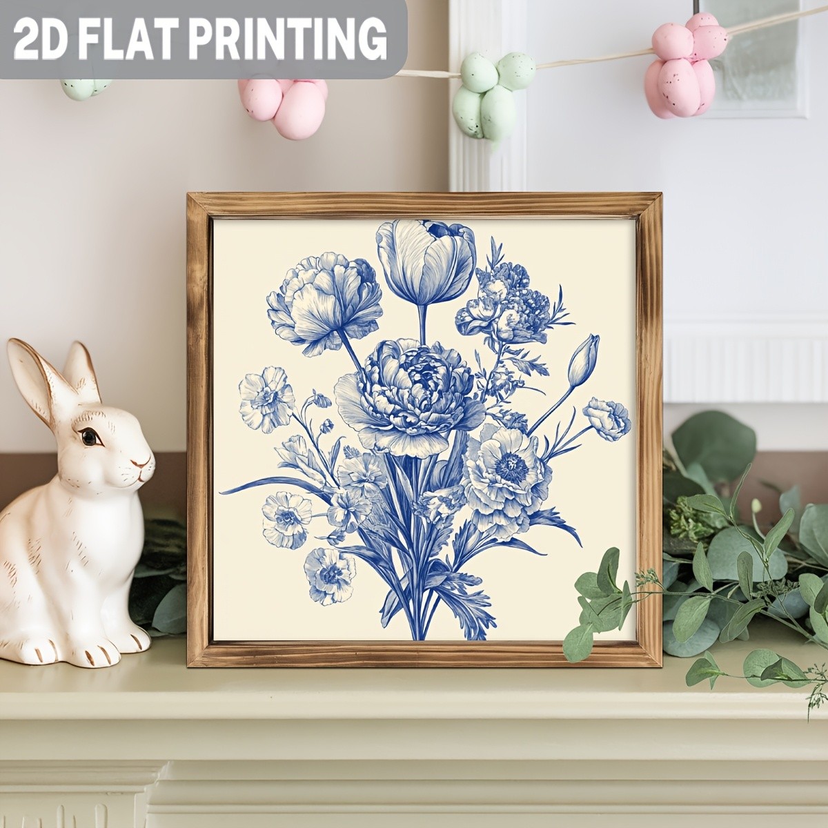 Vintage Blue Floral Bouquet Wooden Sign Rustic Farmhouse Decor for Bedroom Gift