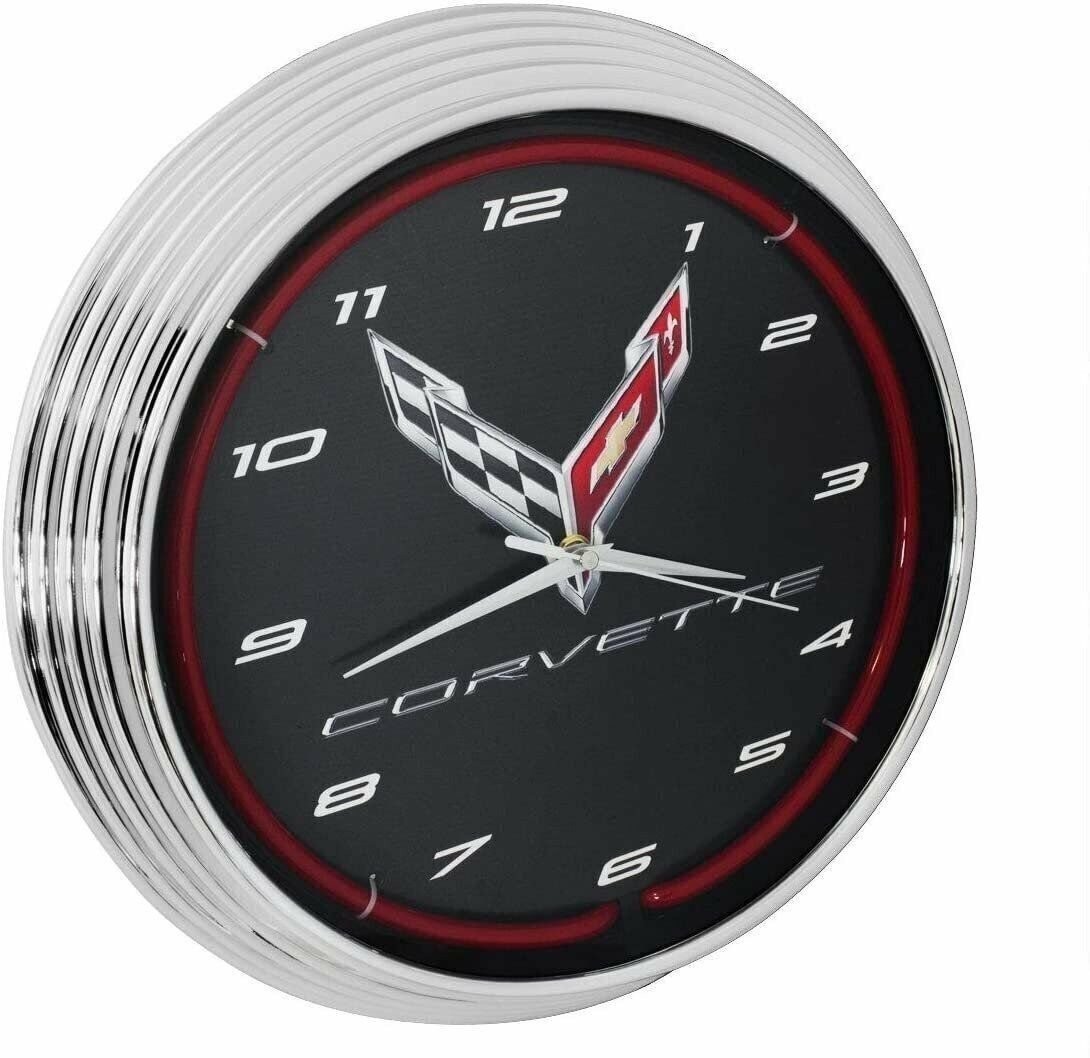 C8 Corvette Clock – 15″ Neon Wall Clock with C8 Crossed Flags Logo