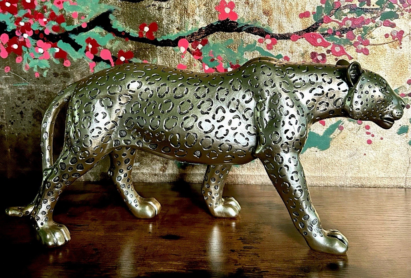 Gold Cheetah Figurine Decorative Home Decor Sculpture Resin Walking 15 Inch Long