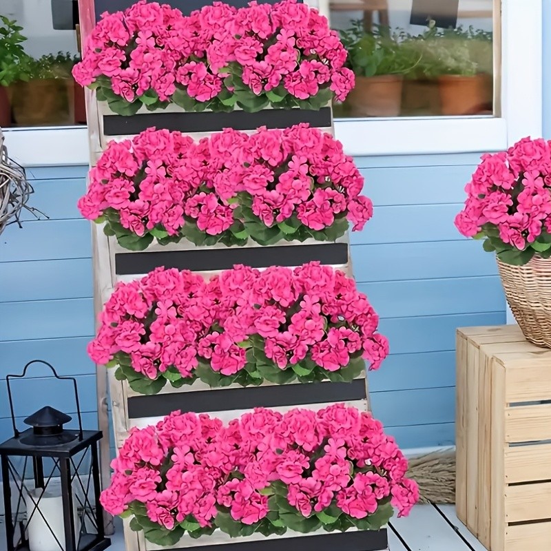 4Pcs Artificial Pink Geranium Flowers Fake Plants for Outdoor Garden Patio Decor