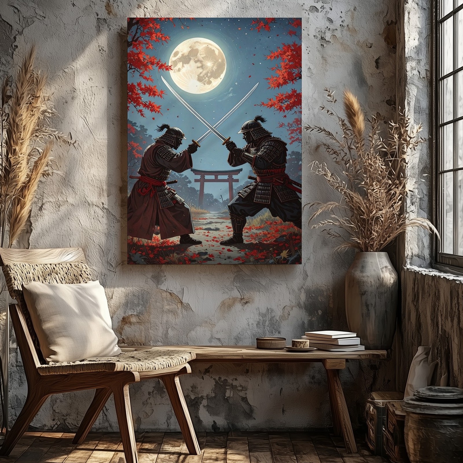 Wall Art Canvas Two Samurai Warriors Face Each Other Under a Glowing Full Moon