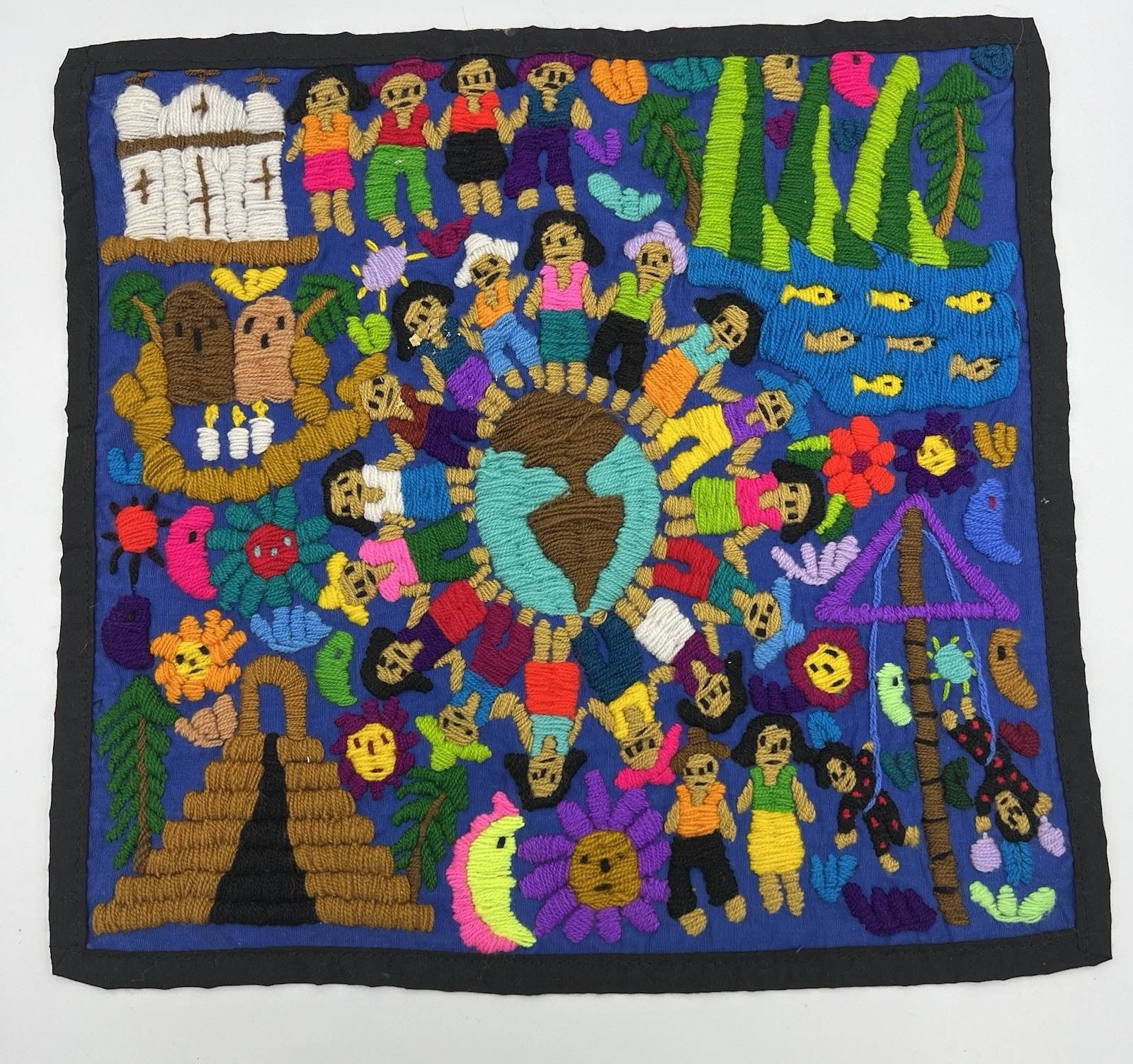 Hand Embroidered Tapestry Unknown Origin Bright and Colorful 15.5 x 15